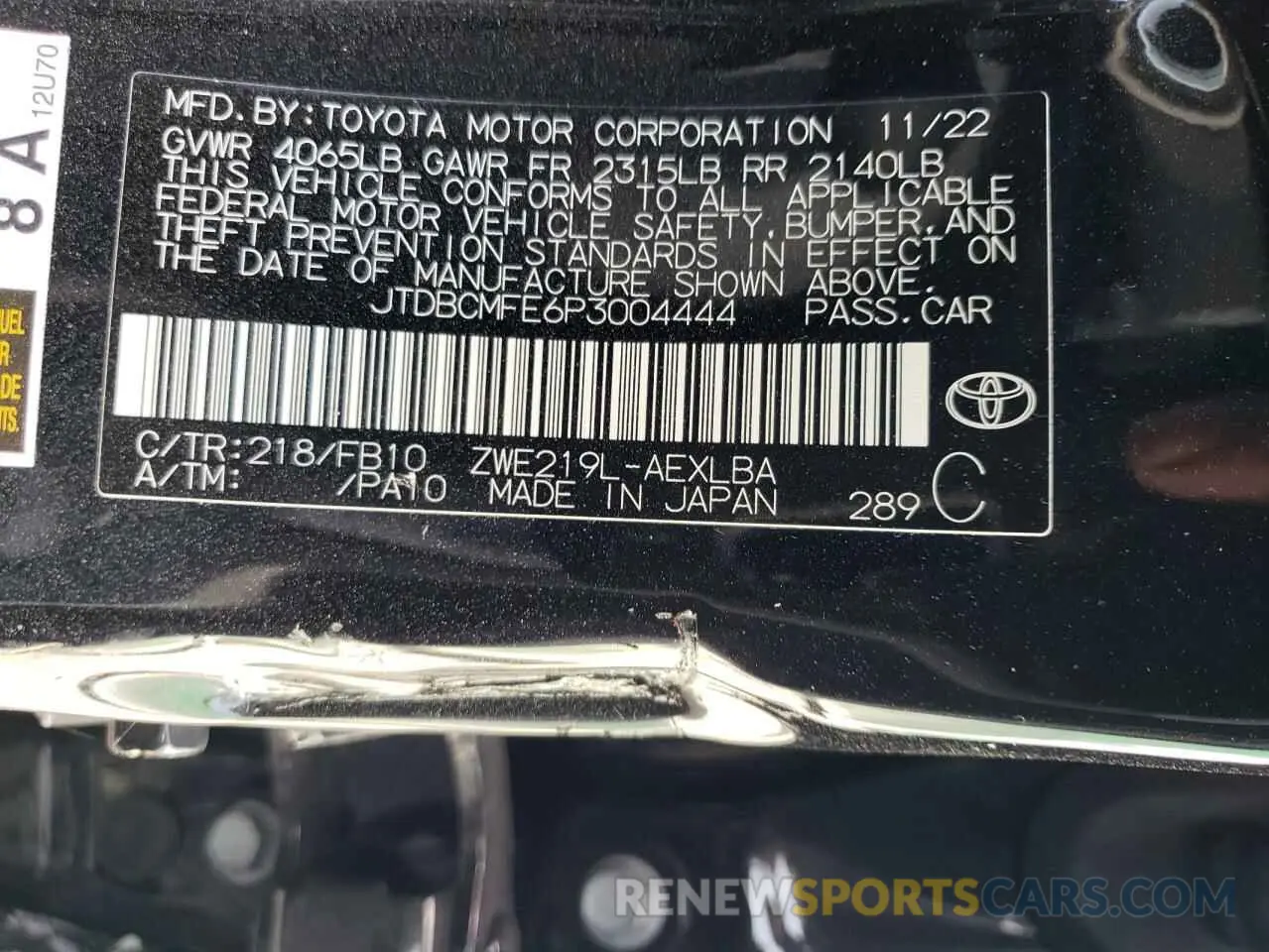 12 fotografías del automóvil dañado JTDBCMFE6P3004444 TOYOTA COROLLA 2023