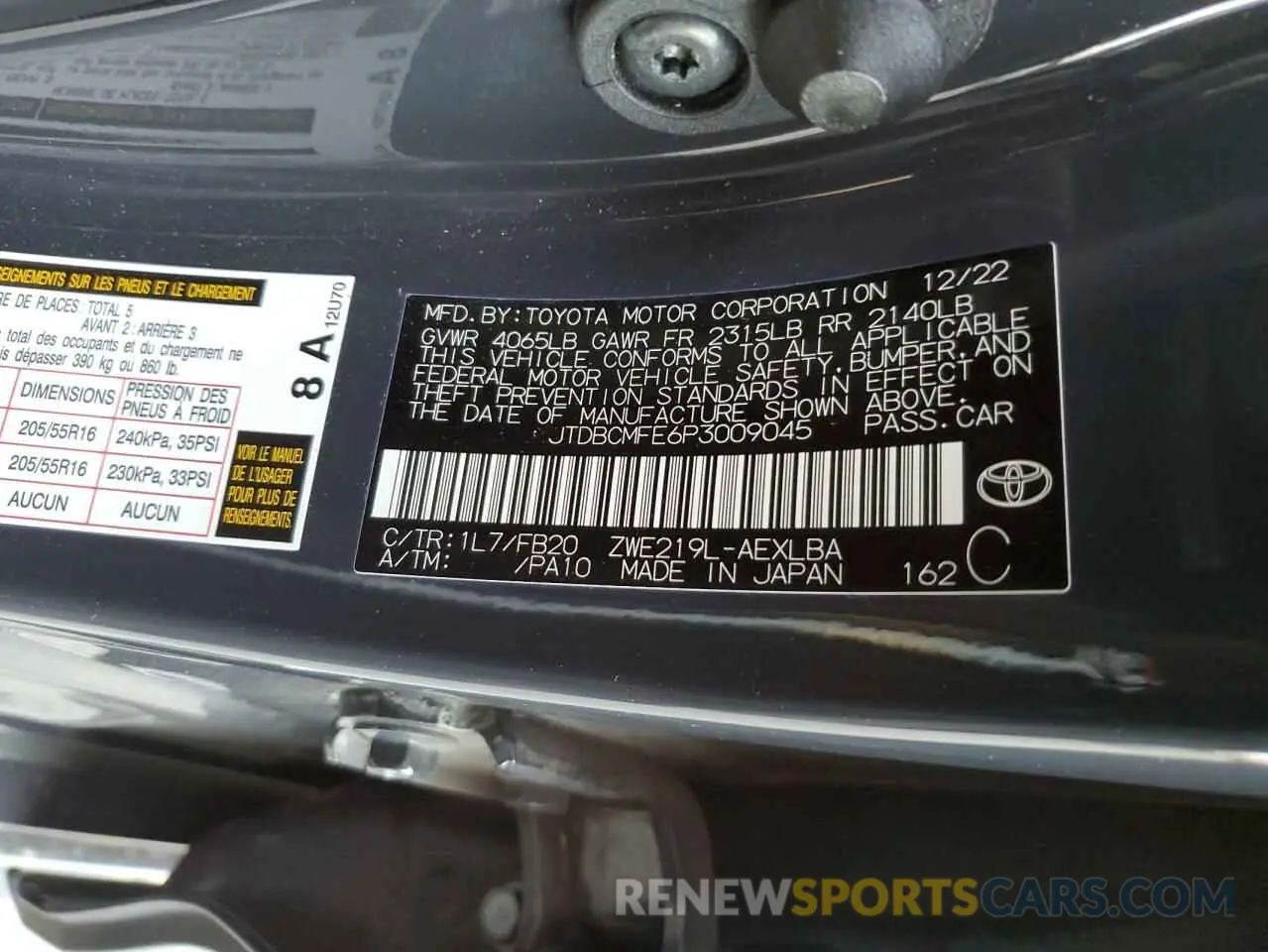12 fotografías del automóvil dañado JTDBCMFE6P3009045 TOYOTA COROLLA 2023
