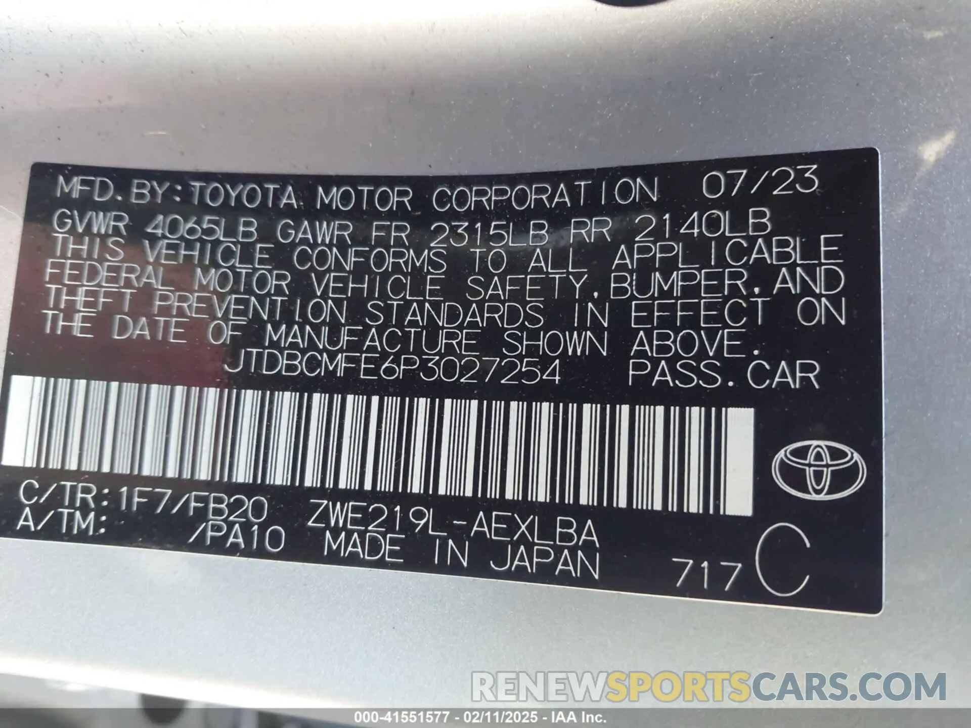 9 fotografías del automóvil dañado JTDBCMFE6P3027254 TOYOTA COROLLA 2023
