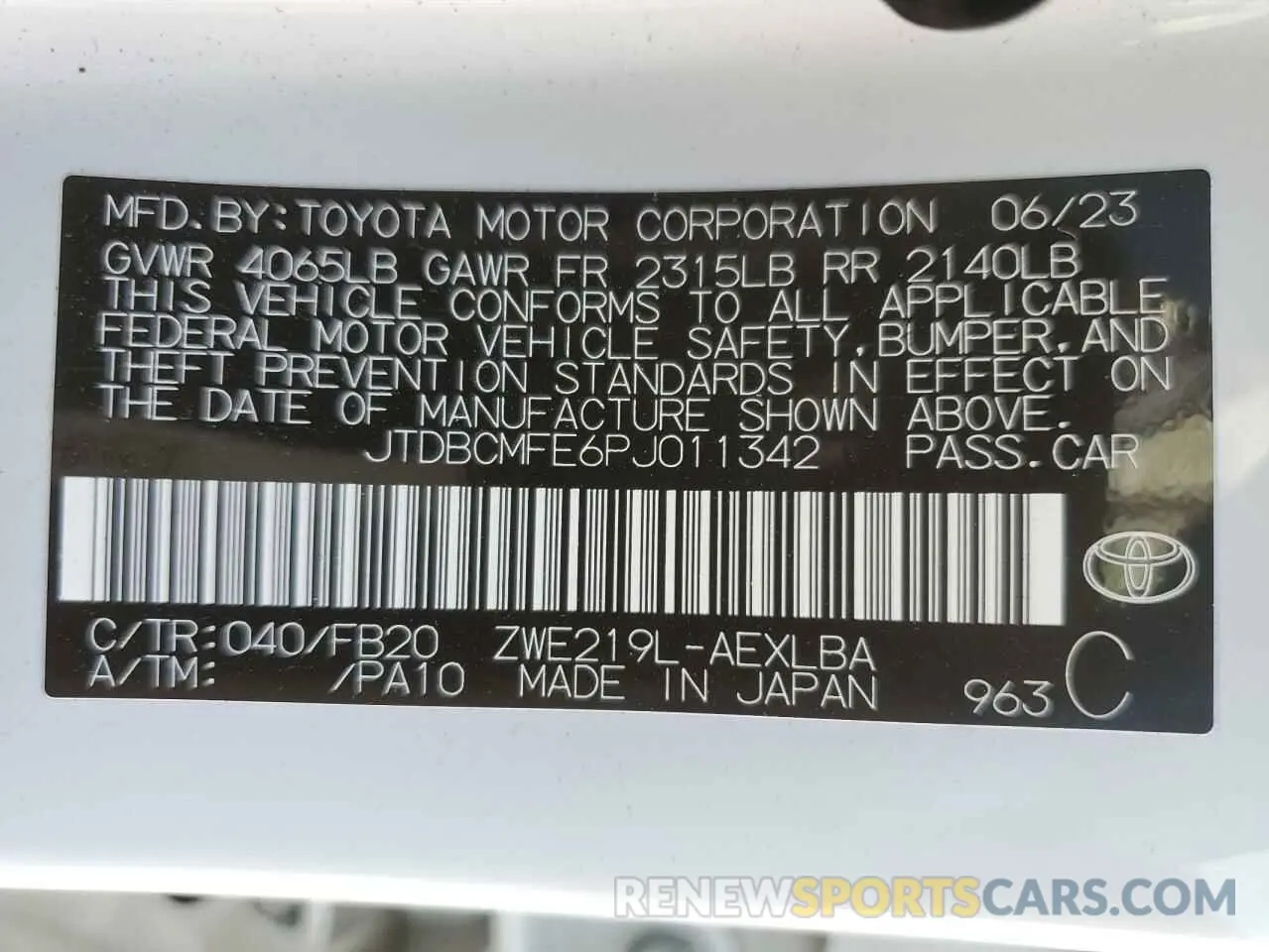 12 fotografías del automóvil dañado JTDBCMFE6PJ011342 TOYOTA COROLLA 2023