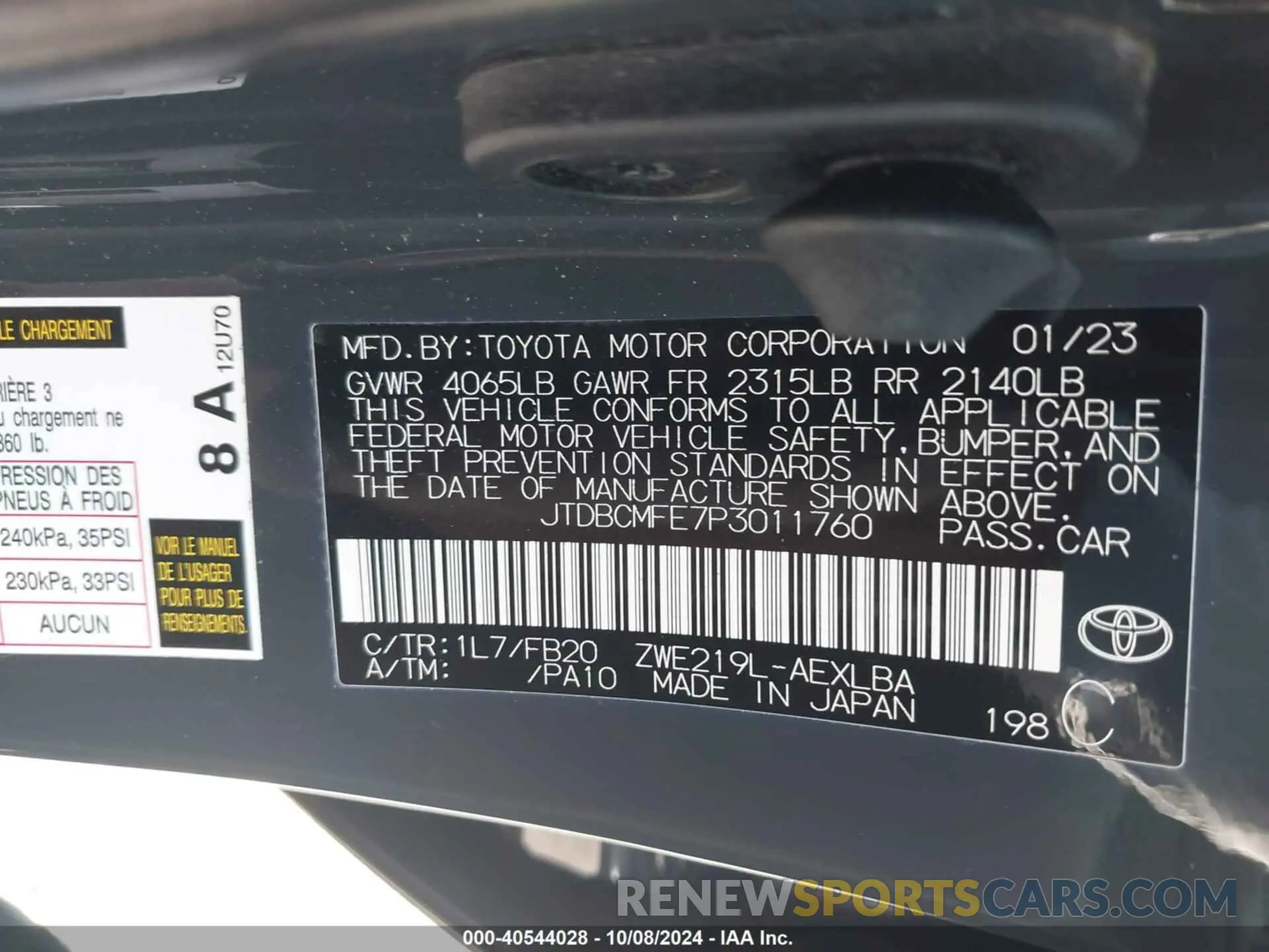 9 fotografías del automóvil dañado JTDBCMFE7P3011760 TOYOTA COROLLA 2023