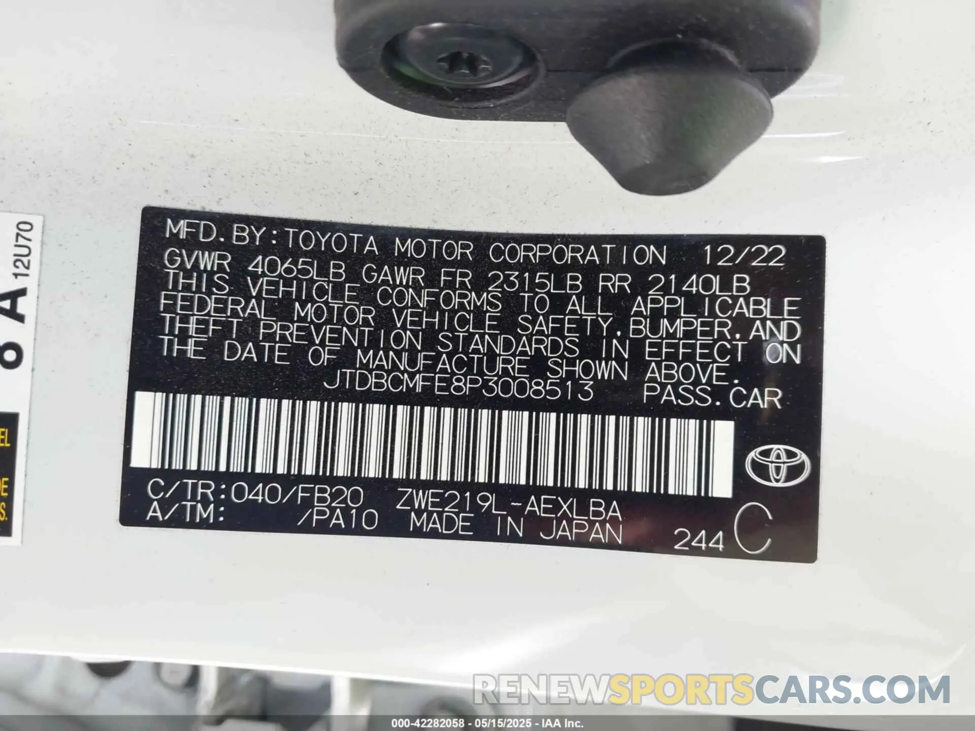 9 fotografías del automóvil dañado JTDBCMFE8P3008513 TOYOTA COROLLA 2023