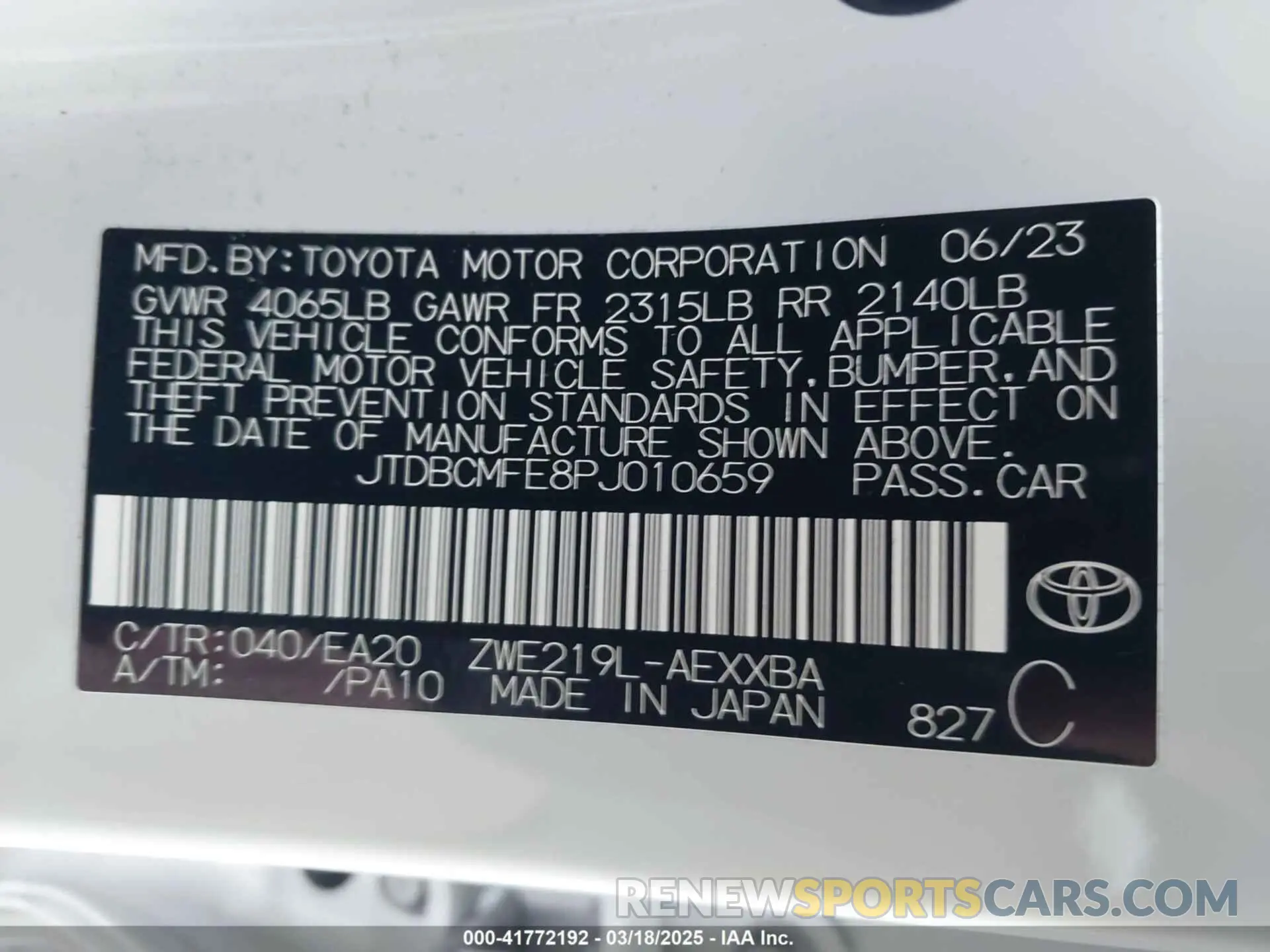 9 fotografías del automóvil dañado JTDBCMFE8PJ010659 TOYOTA COROLLA 2023