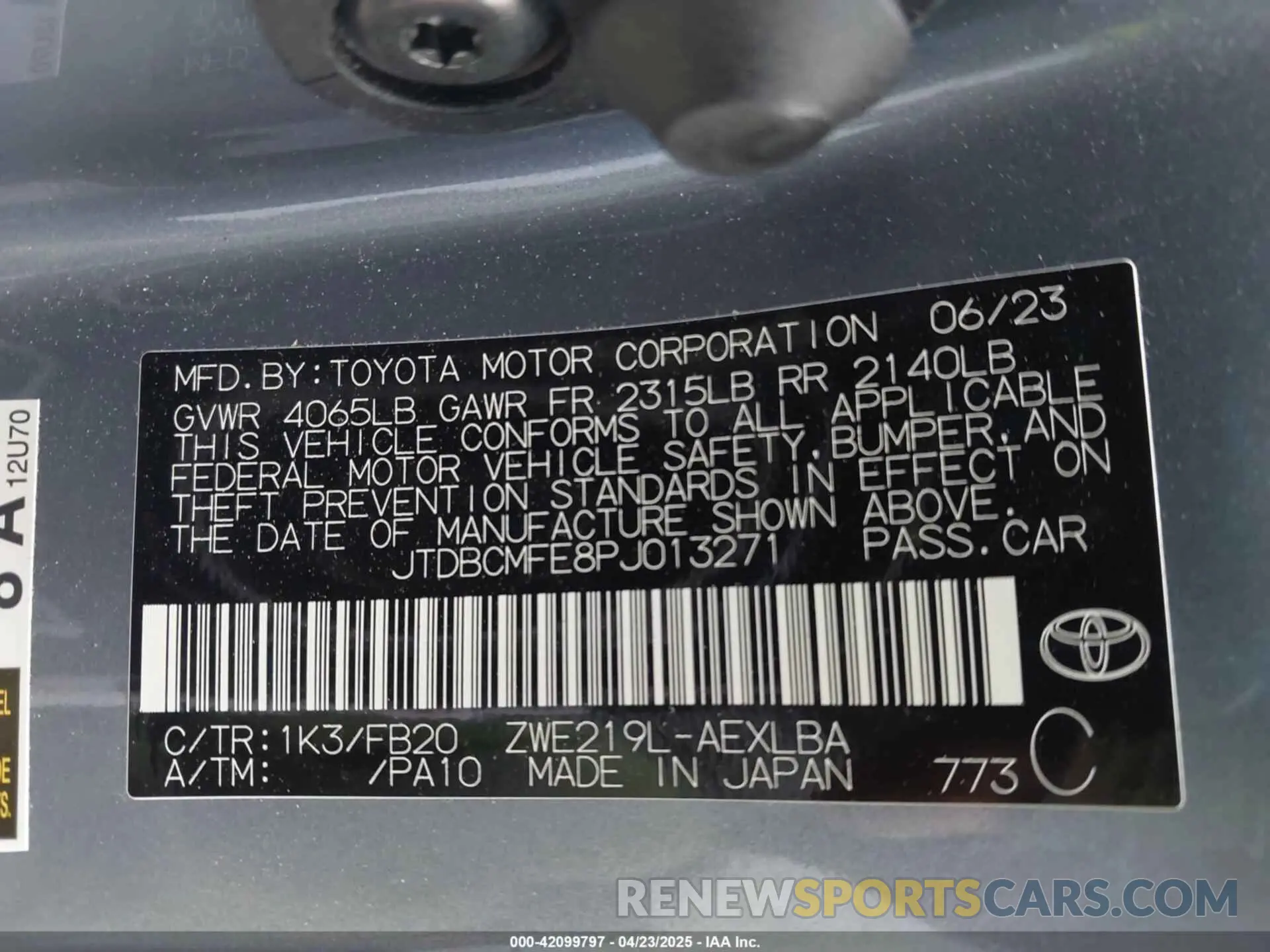 9 fotografías del automóvil dañado JTDBCMFE8PJ013271 TOYOTA COROLLA 2023