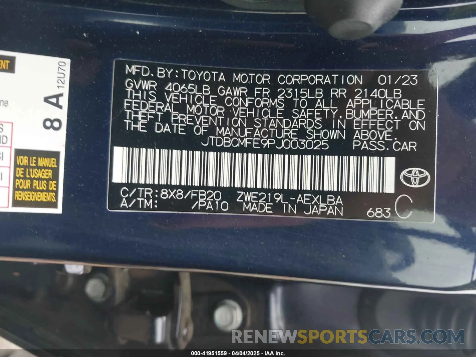 9 fotografías del automóvil dañado JTDBCMFE9PJ003025 TOYOTA COROLLA 2023