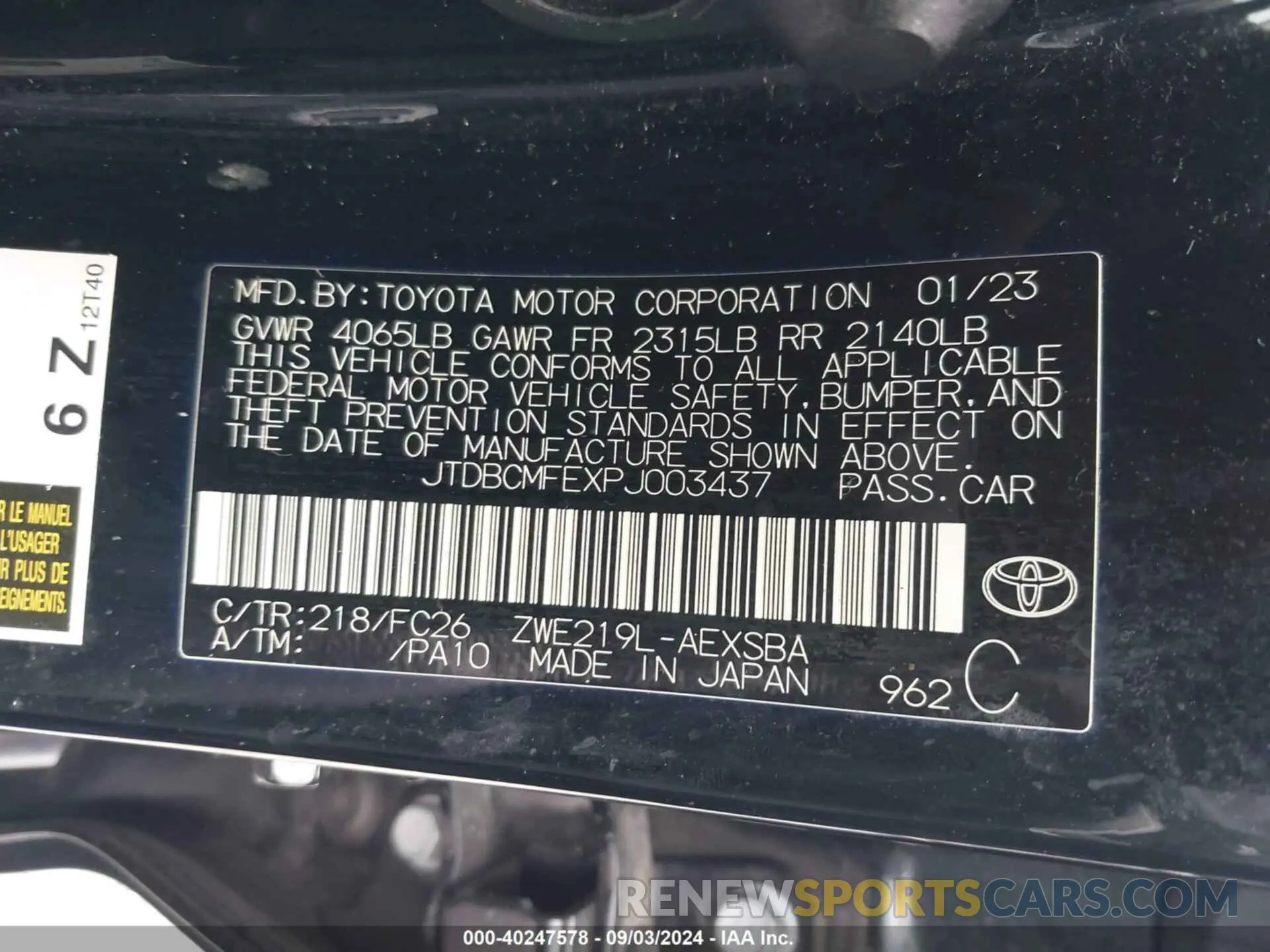 9 fotografías del automóvil dañado JTDBCMFEXPJ003437 TOYOTA COROLLA 2023