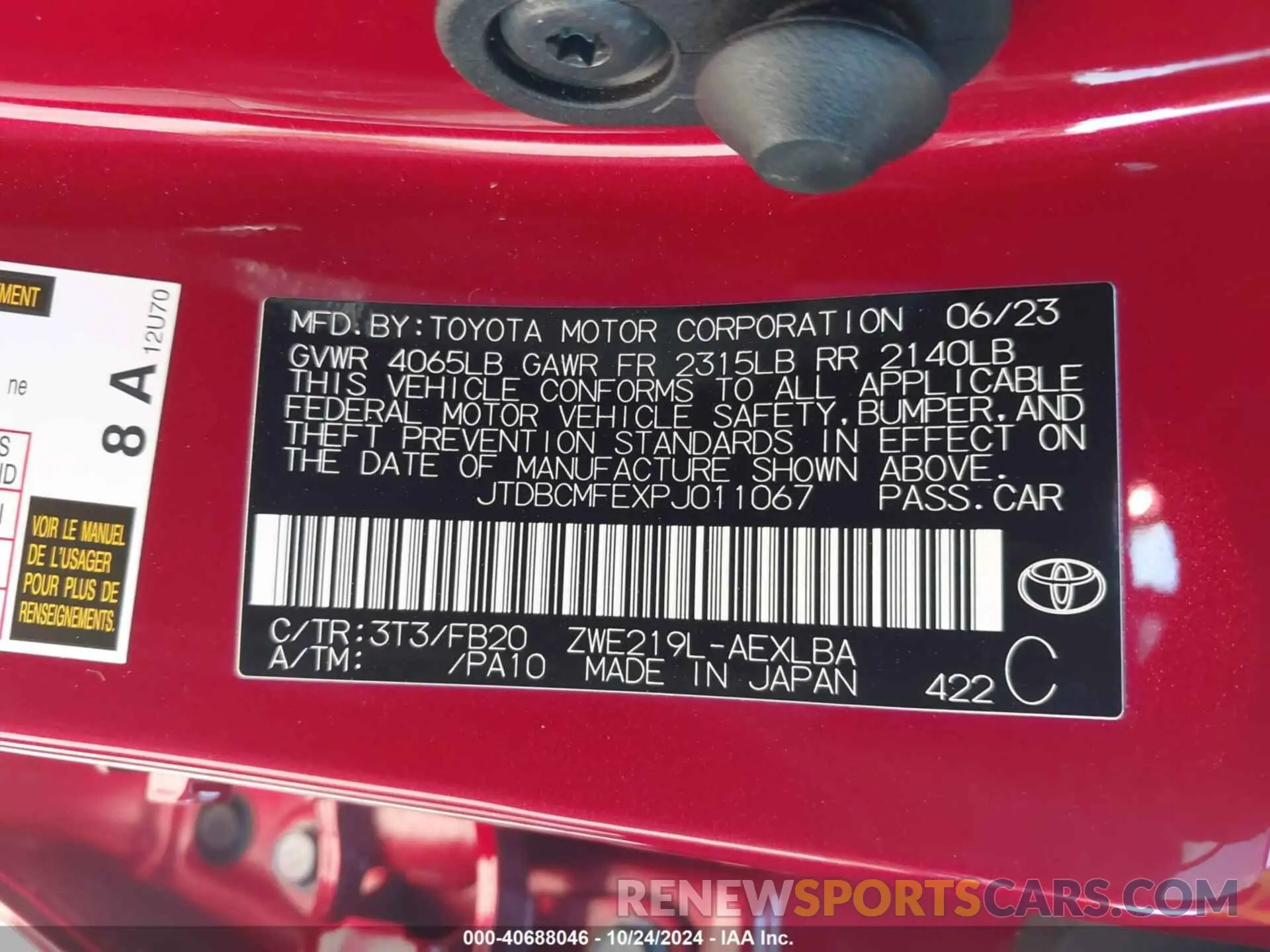 9 fotografías del automóvil dañado JTDBCMFEXPJ011067 TOYOTA COROLLA 2023