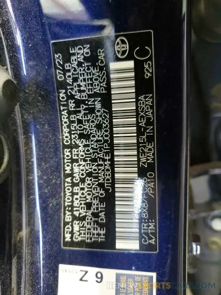 12 fotografías del automóvil dañado JTDBDMHE1PJ003627 TOYOTA COROLLA 2023