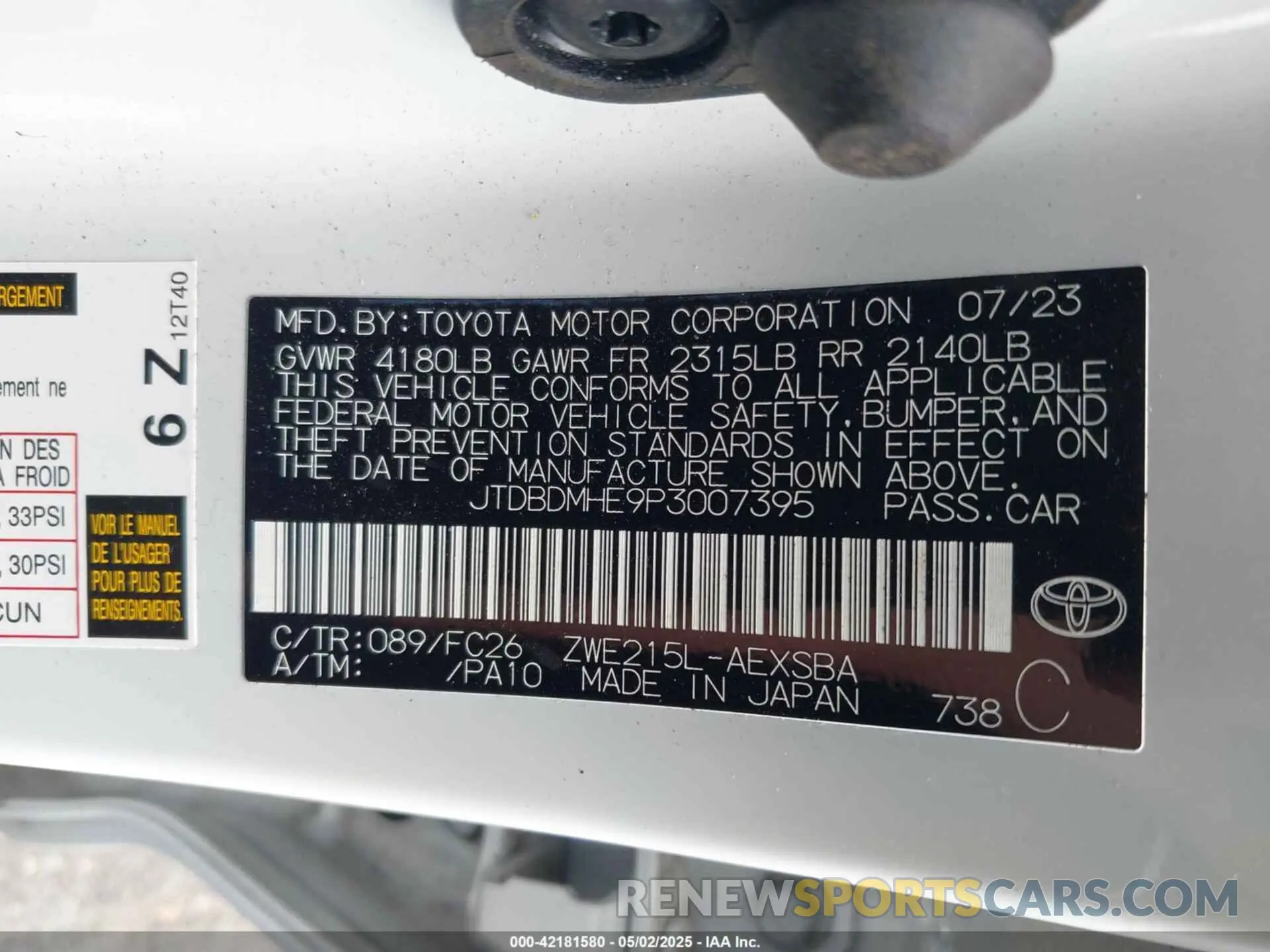 9 fotografías del automóvil dañado JTDBDMHE9P3007395 TOYOTA COROLLA 2023