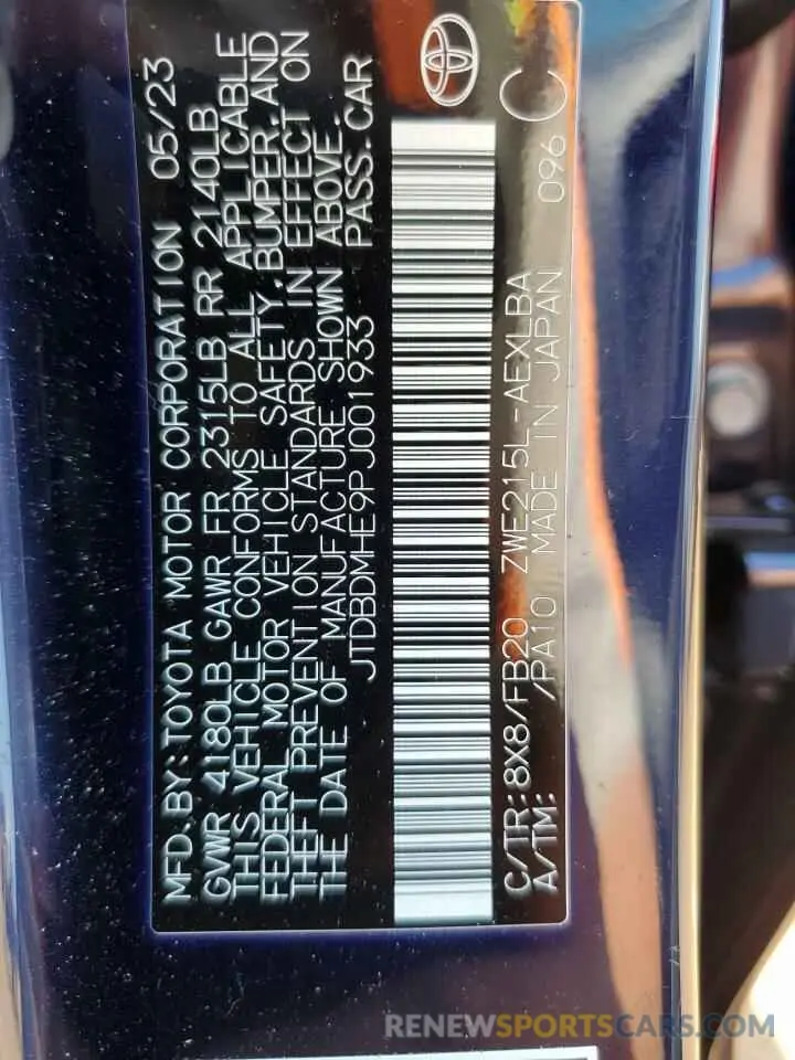 13 fotografías del automóvil dañado JTDBDMHE9PJ001933 TOYOTA COROLLA 2023