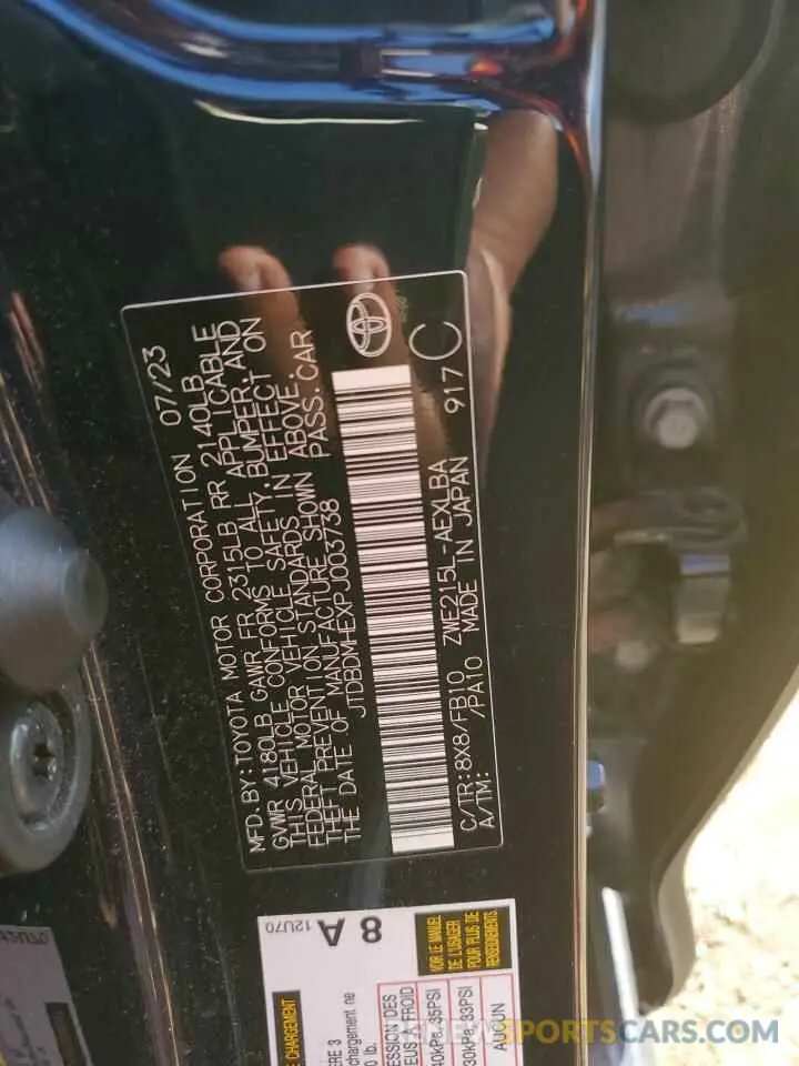 12 fotografías del automóvil dañado JTDBDMHEXPJ003738 TOYOTA COROLLA 2023