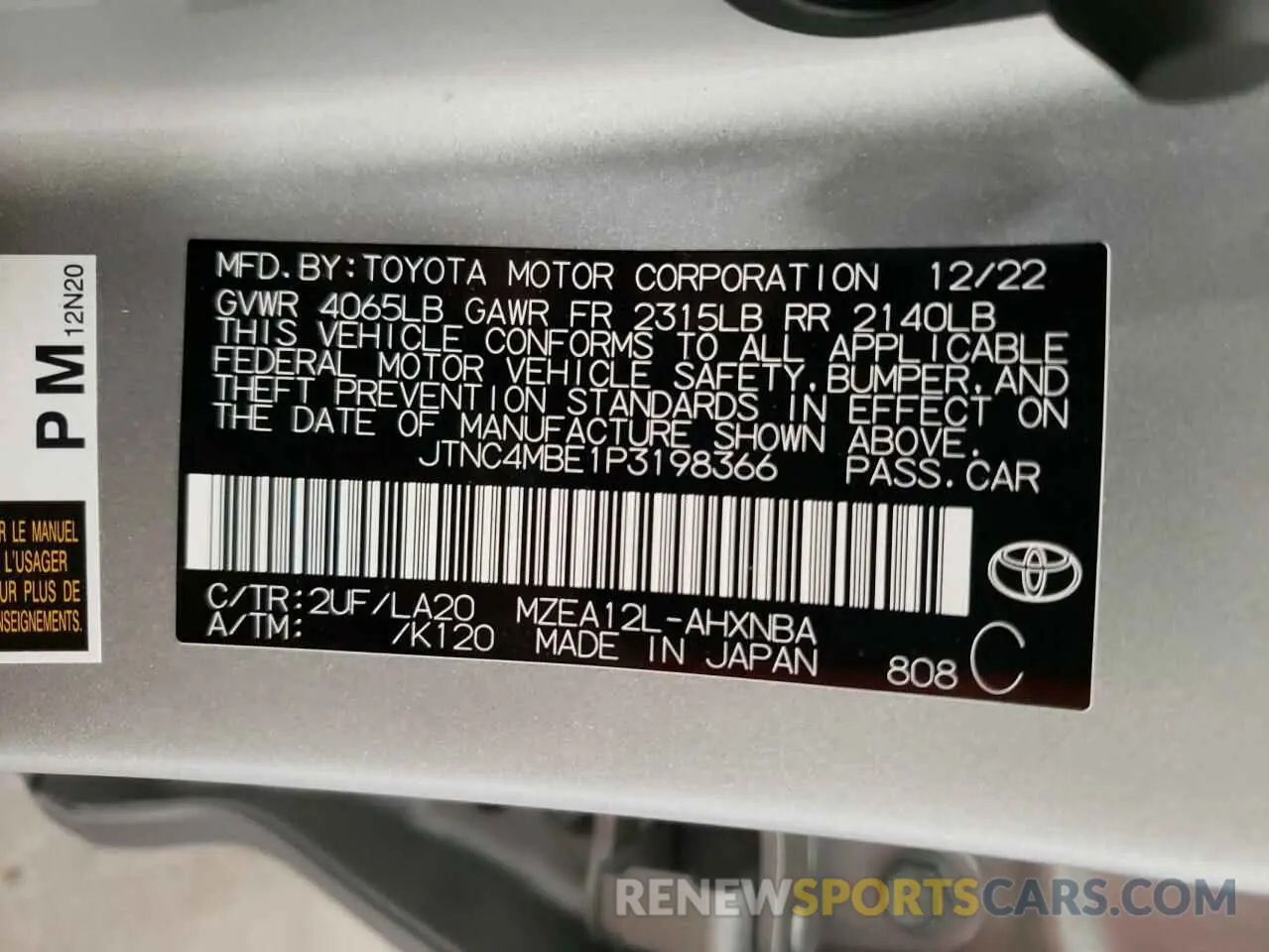 12 fotografías del automóvil dañado JTNC4MBE1P3198366 TOYOTA COROLLA 2023
