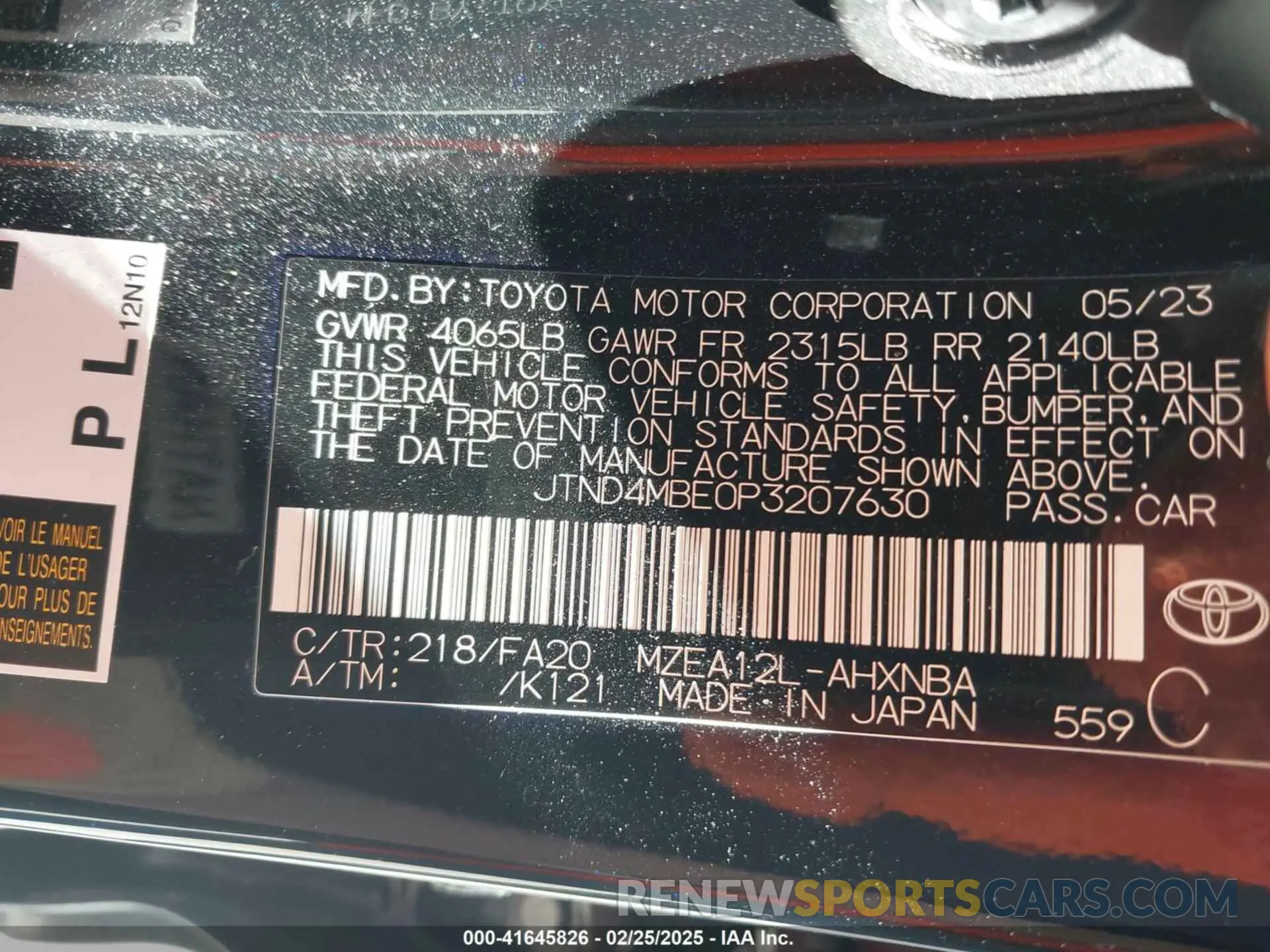 9 fotografías del automóvil dañado JTND4MBE0P3207630 TOYOTA COROLLA 2023