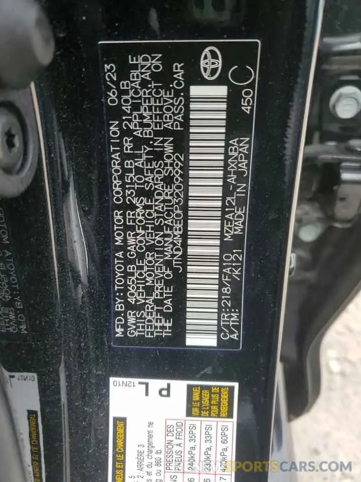 12 fotografías del automóvil dañado JTND4MBE0P3209992 TOYOTA COROLLA 2023