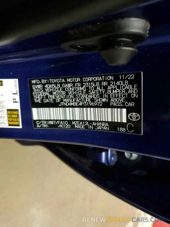 14 fotografías del automóvil dañado JTND4MBE4P3196972 TOYOTA COROLLA 2023