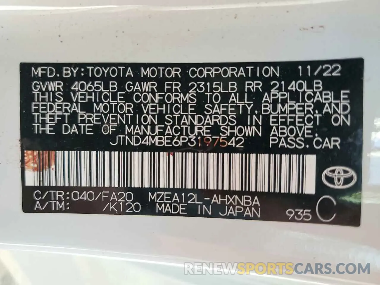 12 fotografías del automóvil dañado JTND4MBE6P3197542 TOYOTA COROLLA 2023