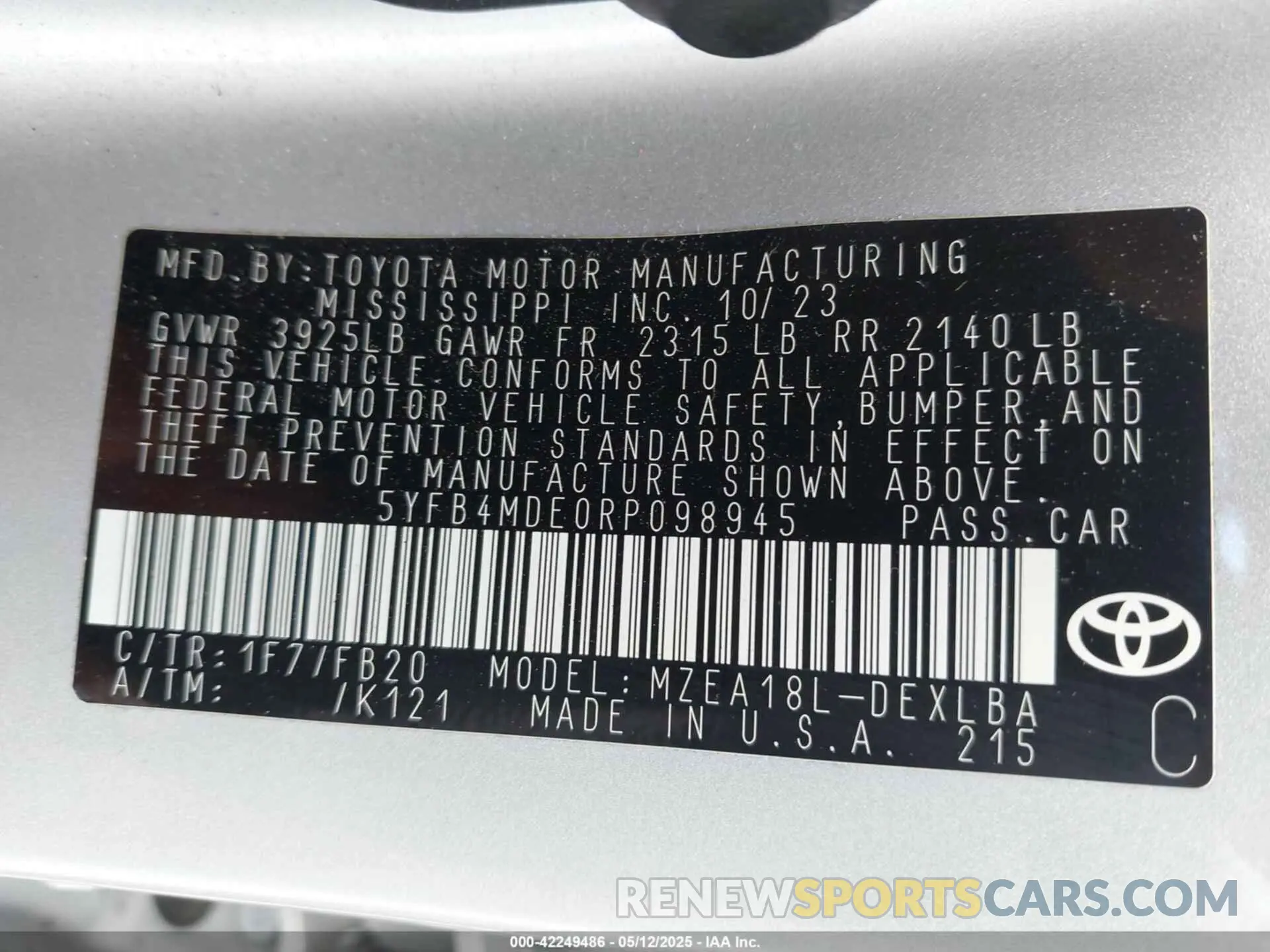 9 fotografías del automóvil dañado 5YFB4MDE0RP098945 TOYOTA COROLLA 2024