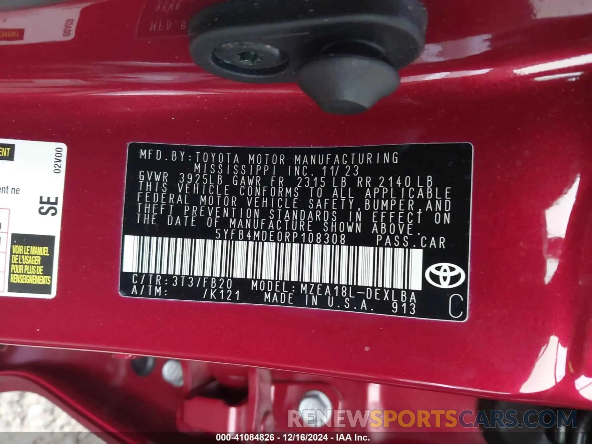 9 fotografías del automóvil dañado 5YFB4MDE0RP108308 TOYOTA COROLLA 2024