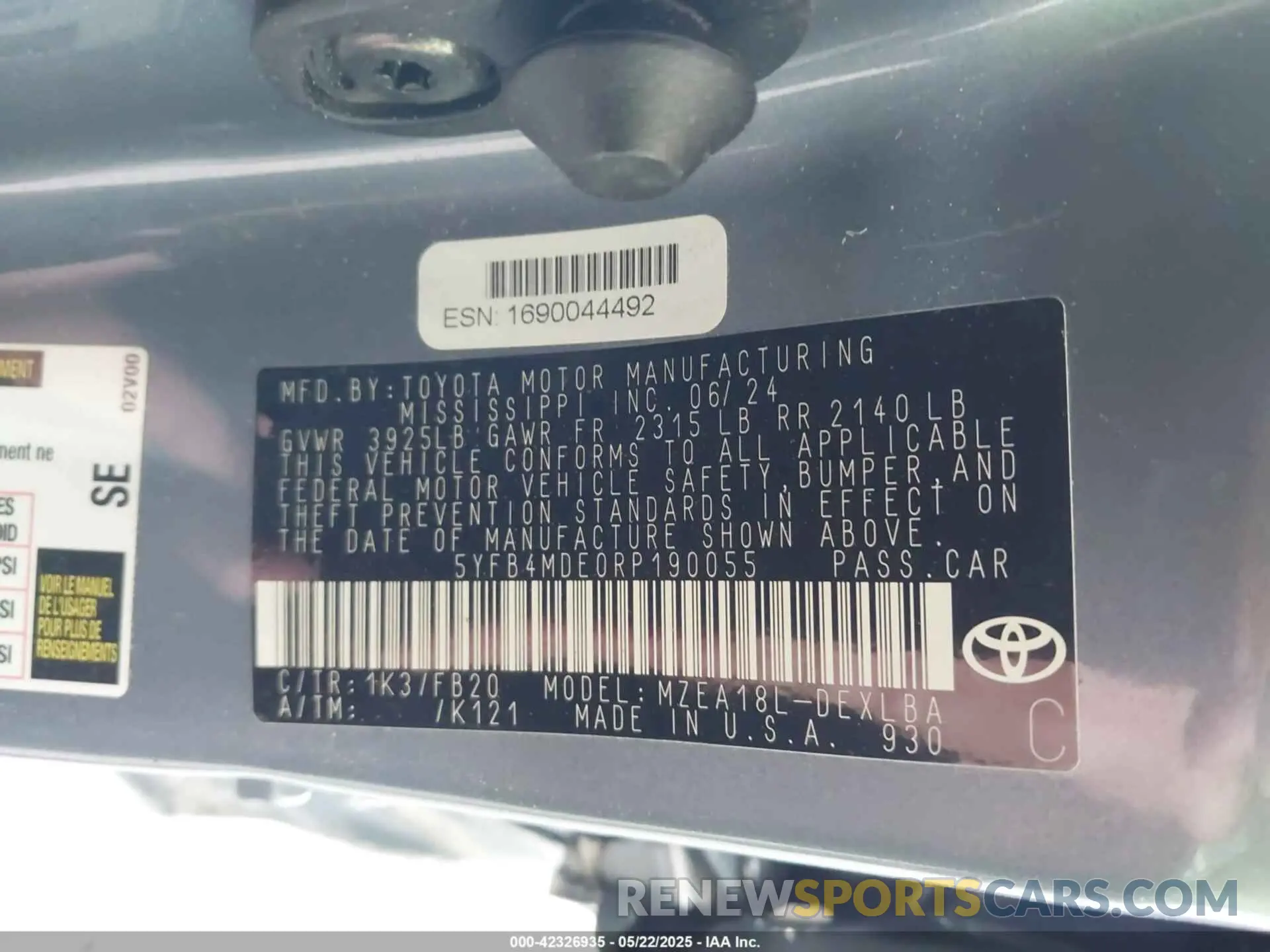 9 fotografías del automóvil dañado 5YFB4MDE0RP190055 TOYOTA COROLLA 2024