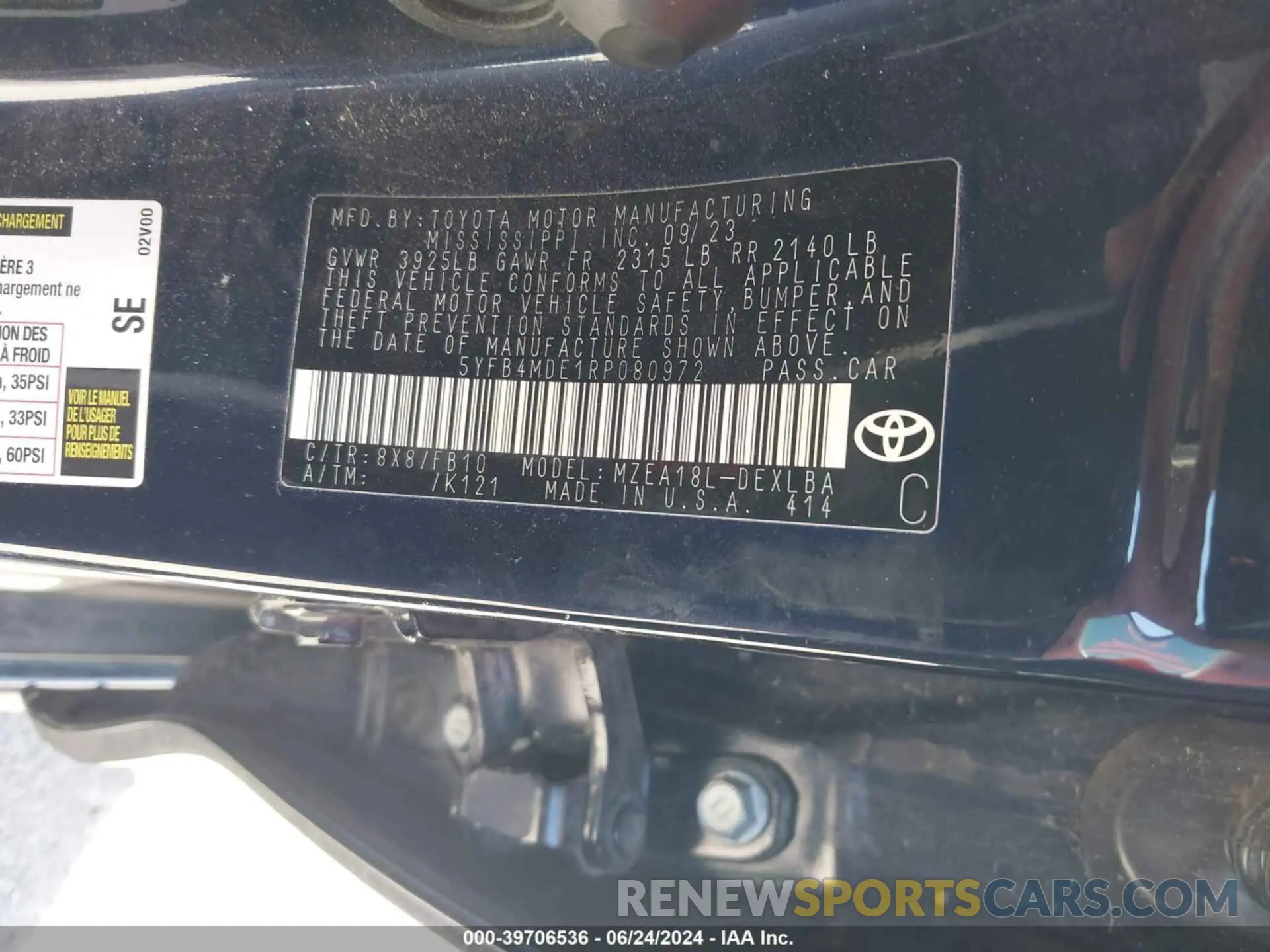 9 fotografías del automóvil dañado 5YFB4MDE1RP080972 TOYOTA COROLLA 2024