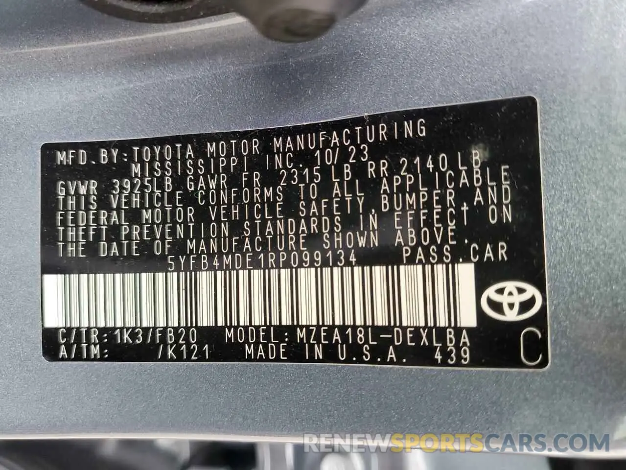 12 fotografías del automóvil dañado 5YFB4MDE1RP099134 TOYOTA COROLLA 2024