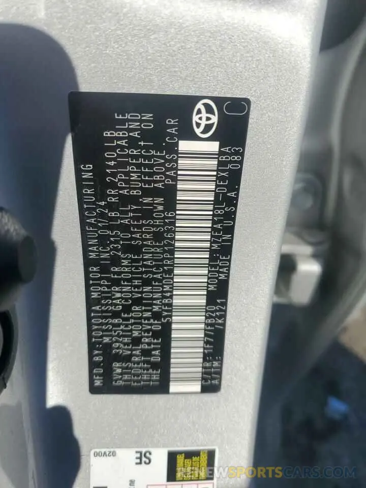 12 fotografías del automóvil dañado 5YFB4MDE1RP126316 TOYOTA COROLLA 2024
