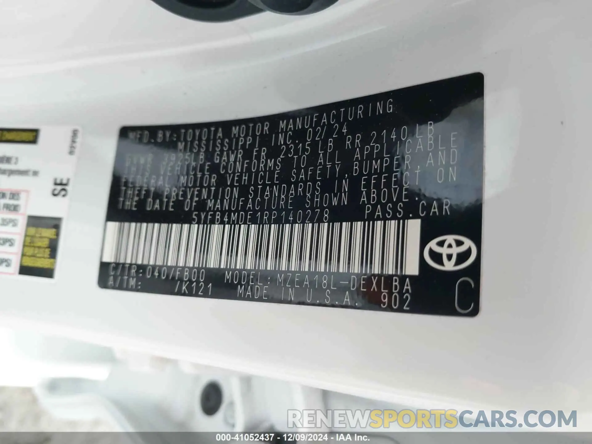 9 fotografías del automóvil dañado 5YFB4MDE1RP140278 TOYOTA COROLLA 2024