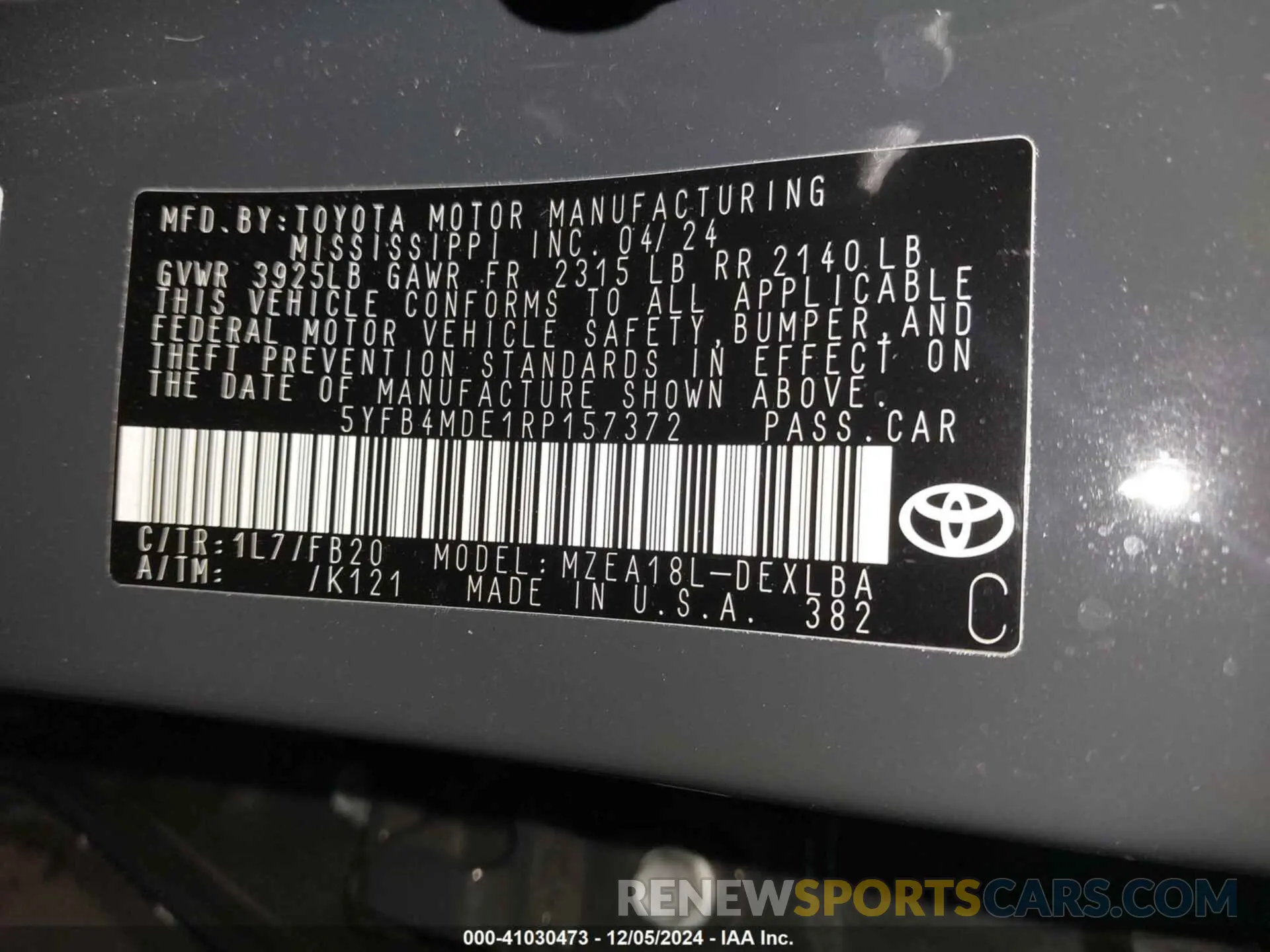 9 fotografías del automóvil dañado 5YFB4MDE1RP157372 TOYOTA COROLLA 2024
