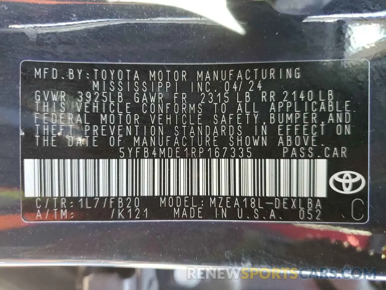 12 fotografías del automóvil dañado 5YFB4MDE1RP167335 TOYOTA COROLLA 2024