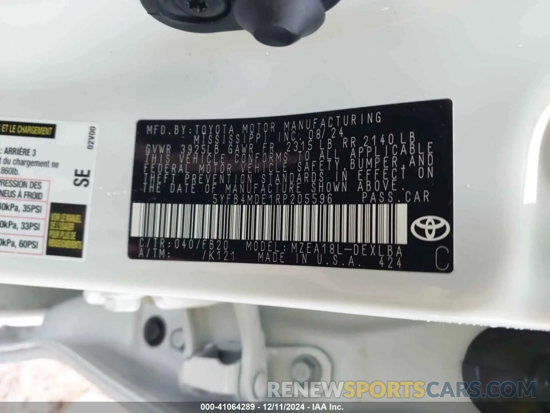 9 fotografías del automóvil dañado 5YFB4MDE1RP205596 TOYOTA COROLLA 2024