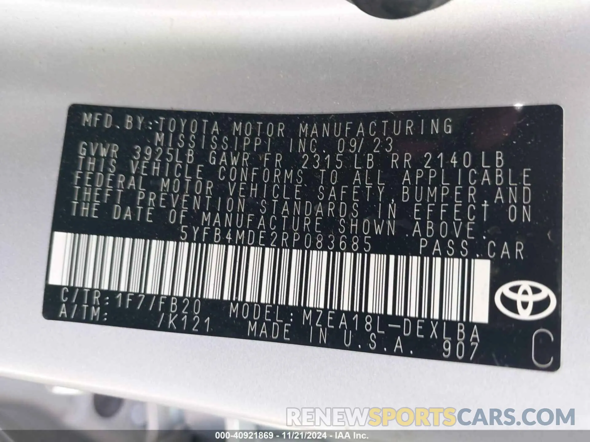 9 fotografías del automóvil dañado 5YFB4MDE2RP083685 TOYOTA COROLLA 2024