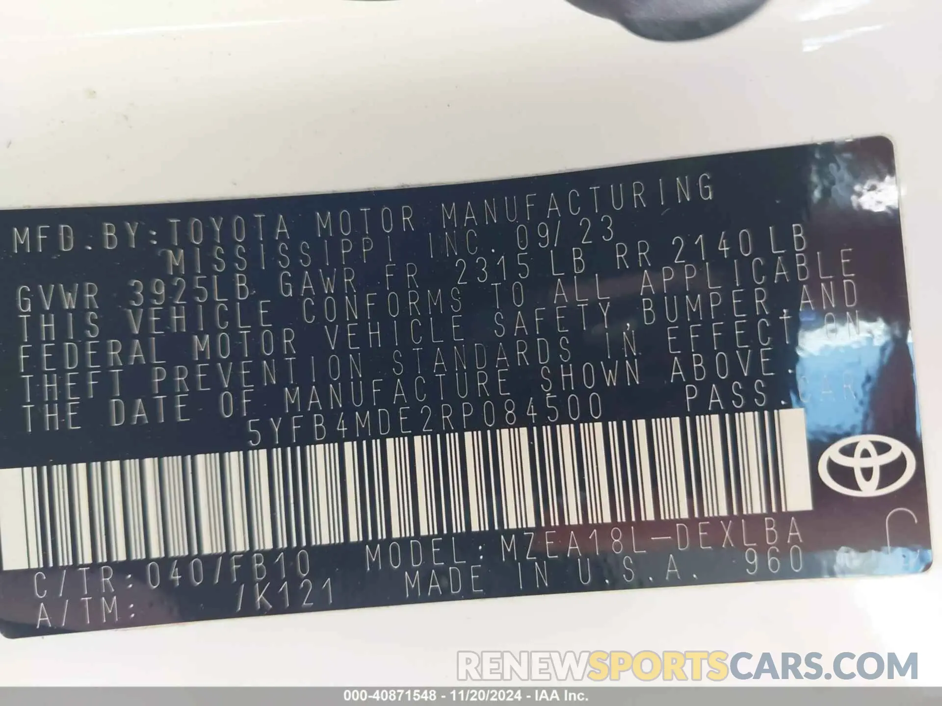 9 fotografías del automóvil dañado 5YFB4MDE2RP084500 TOYOTA COROLLA 2024