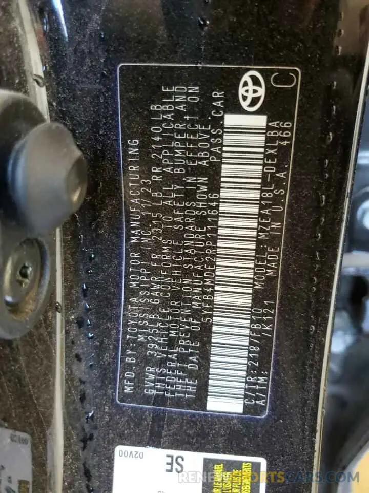 12 fotografías del automóvil dañado 5YFB4MDE2RP111646 TOYOTA COROLLA 2024