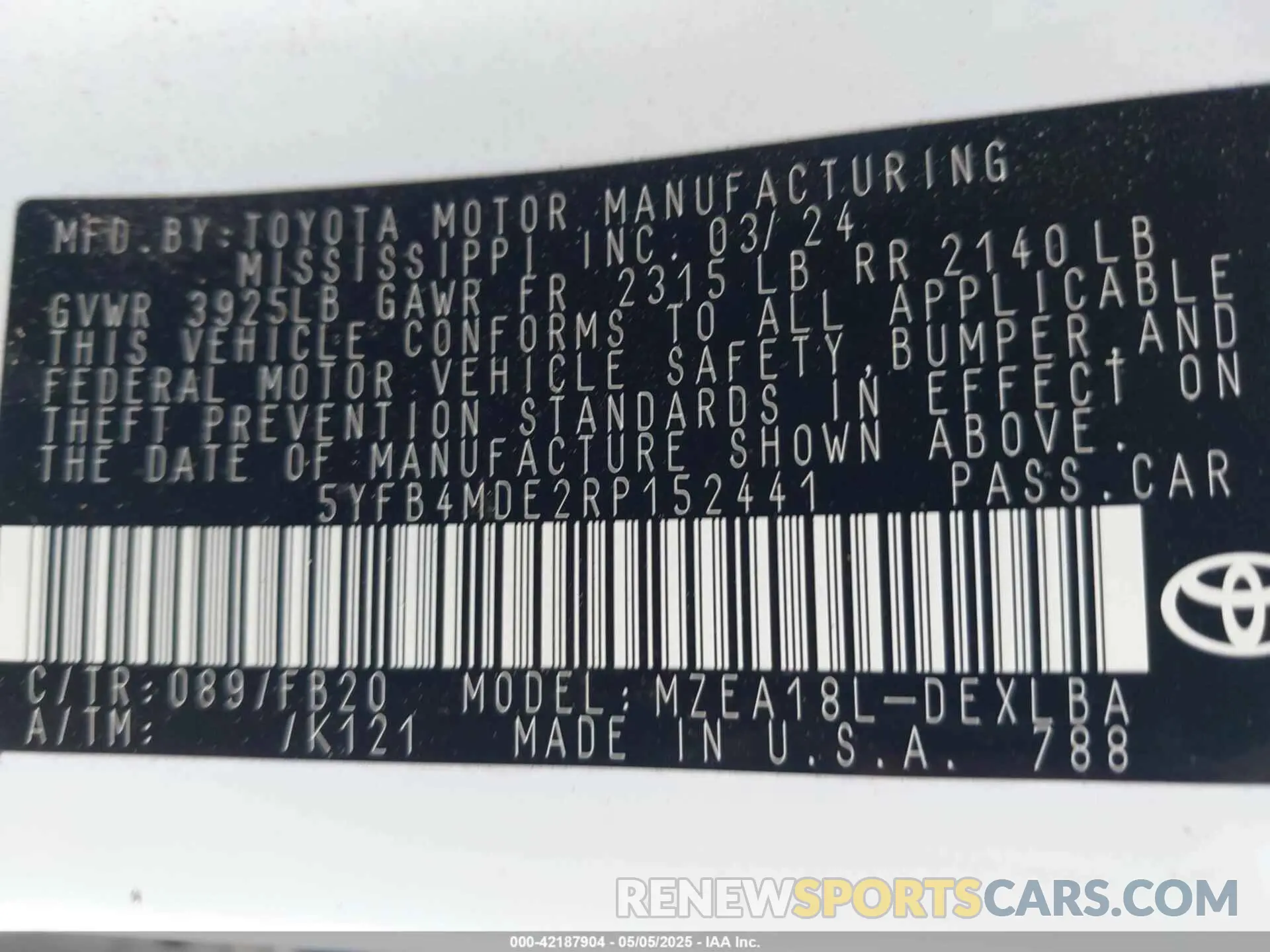 9 fotografías del automóvil dañado 5YFB4MDE2RP152441 TOYOTA COROLLA 2024