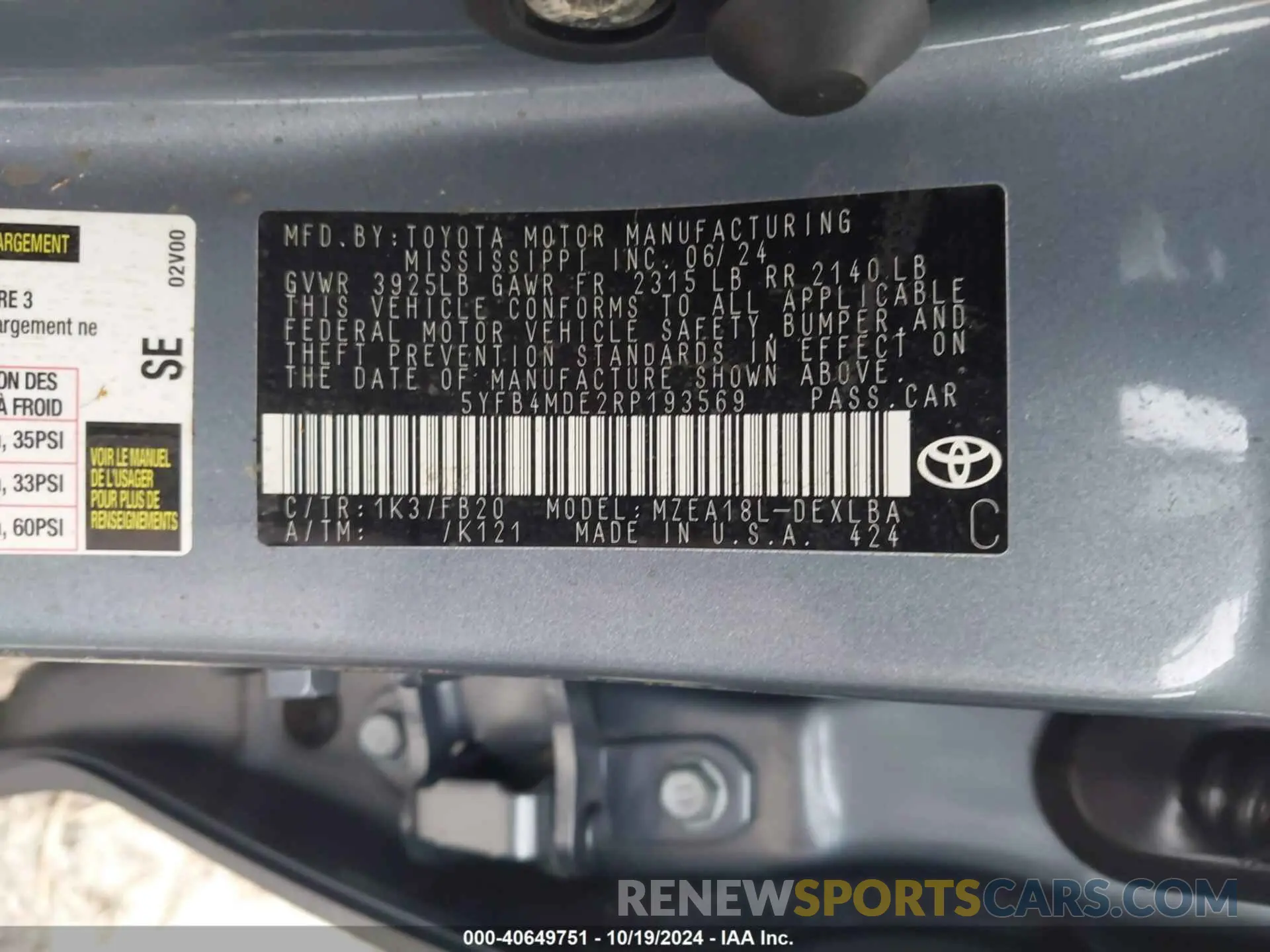 9 fotografías del automóvil dañado 5YFB4MDE2RP193569 TOYOTA COROLLA 2024