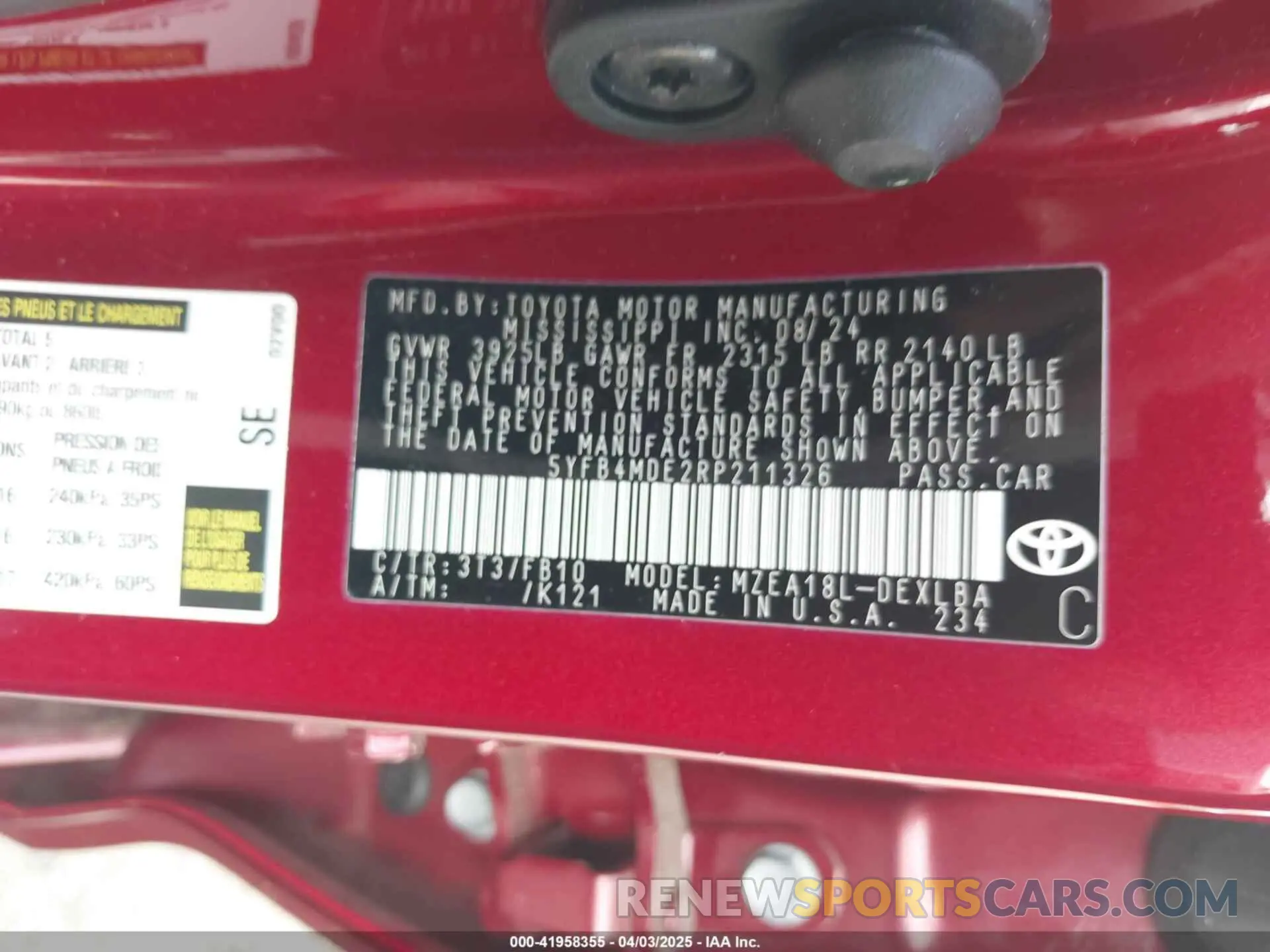 9 fotografías del automóvil dañado 5YFB4MDE2RP211326 TOYOTA COROLLA 2024