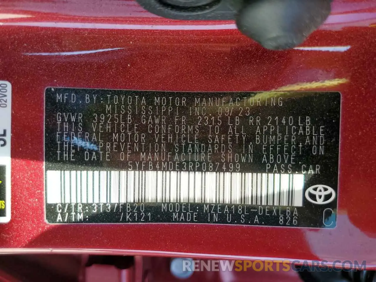 14 fotografías del automóvil dañado 5YFB4MDE3RP087499 TOYOTA COROLLA 2024