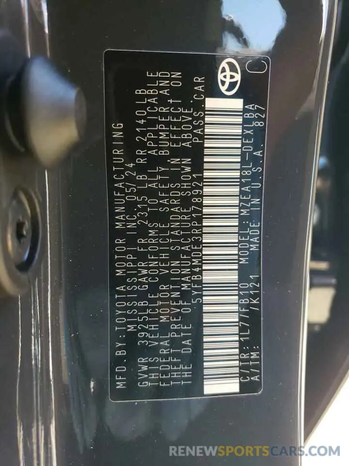 13 fotografías del automóvil dañado 5YFB4MDE3RP178921 TOYOTA COROLLA 2024