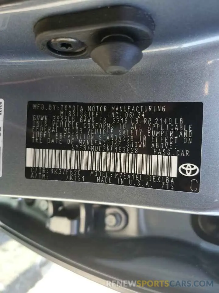 12 fotografías del automóvil dañado 5YFB4MDE3RP193838 TOYOTA COROLLA 2024