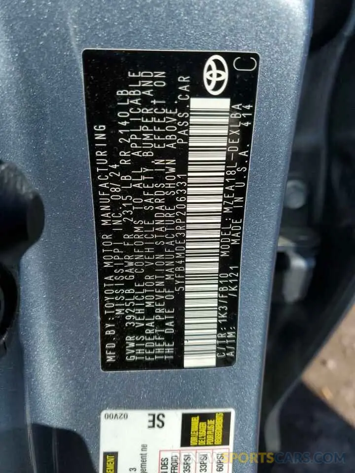 12 fotografías del automóvil dañado 5YFB4MDE3RP206331 TOYOTA COROLLA 2024