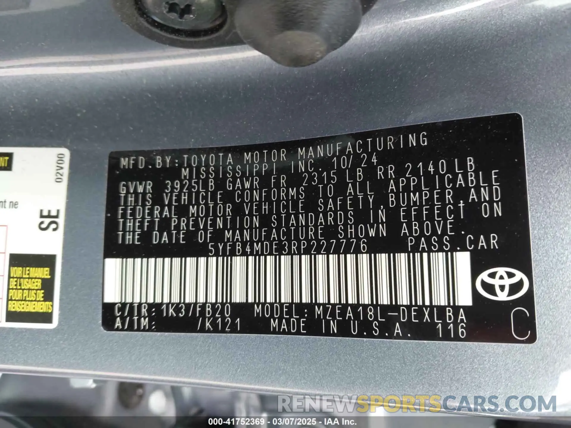 9 fotografías del automóvil dañado 5YFB4MDE3RP227776 TOYOTA COROLLA 2024