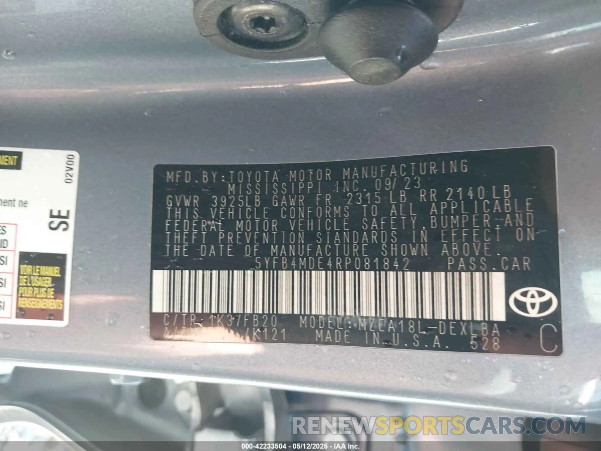 9 fotografías del automóvil dañado 5YFB4MDE4RP081842 TOYOTA COROLLA 2024