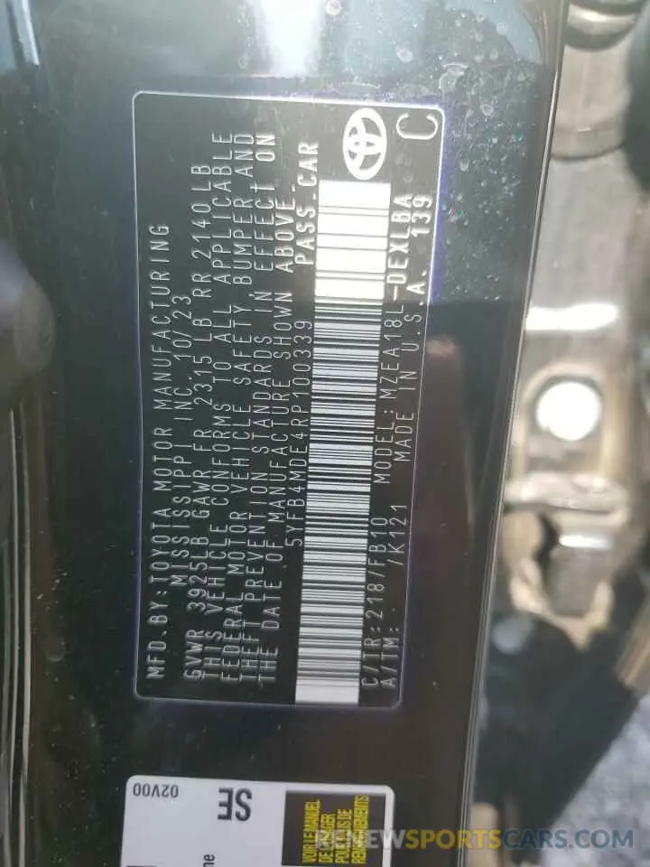 12 fotografías del automóvil dañado 5YFB4MDE4RP100339 TOYOTA COROLLA 2024