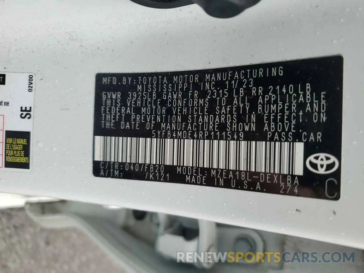 12 fotografías del automóvil dañado 5YFB4MDE4RP111549 TOYOTA COROLLA 2024
