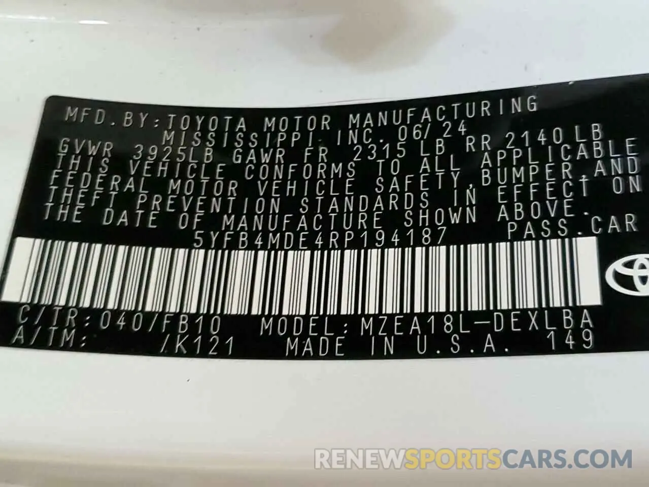13 fotografías del automóvil dañado 5YFB4MDE4RP194187 TOYOTA COROLLA 2024