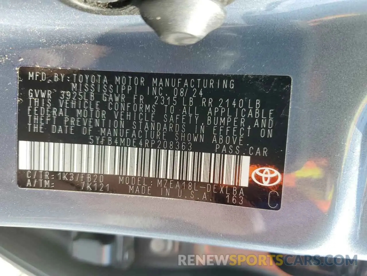 12 fotografías del automóvil dañado 5YFB4MDE4RP208363 TOYOTA COROLLA 2024