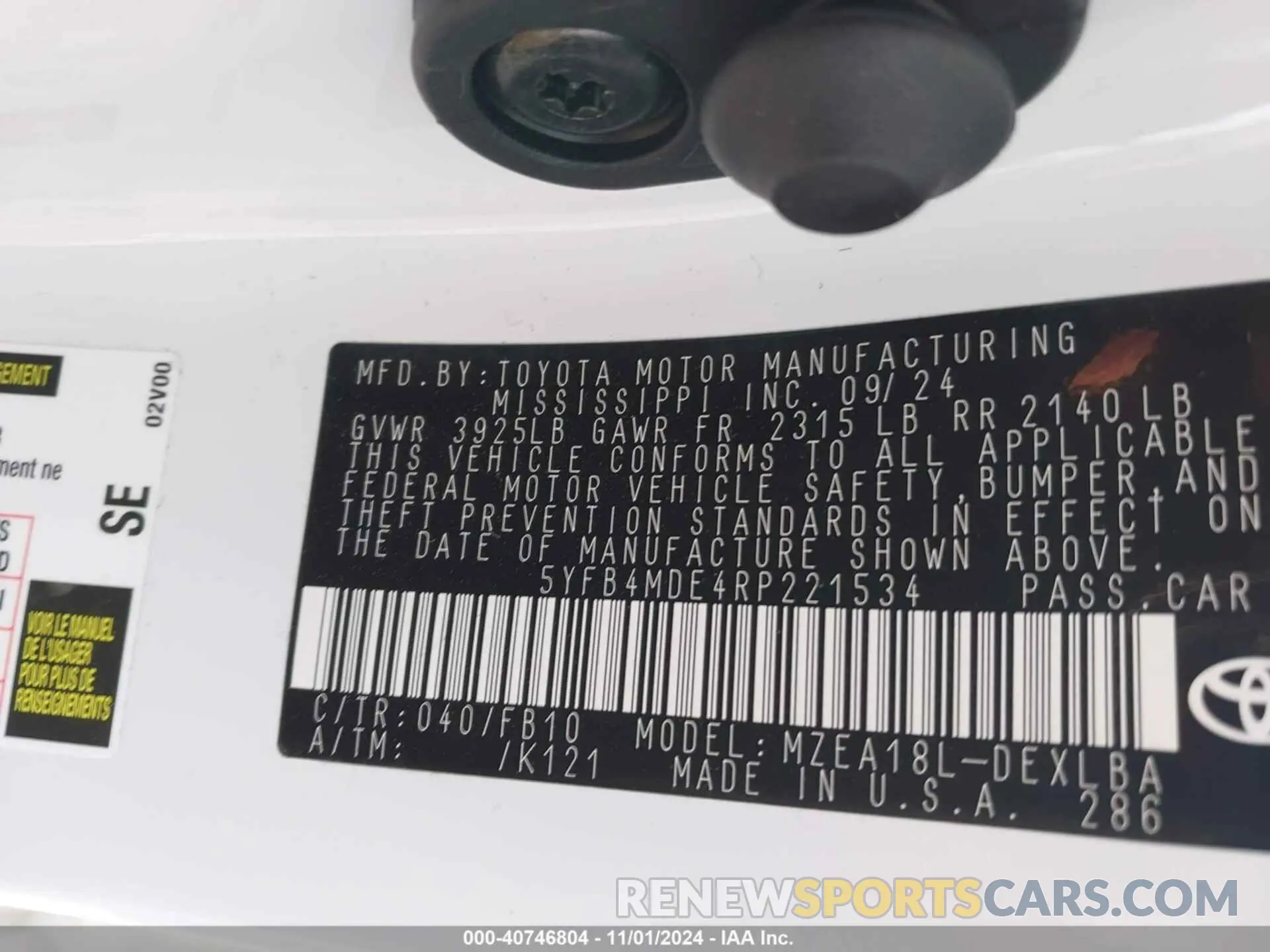 9 fotografías del automóvil dañado 5YFB4MDE4RP221534 TOYOTA COROLLA 2024