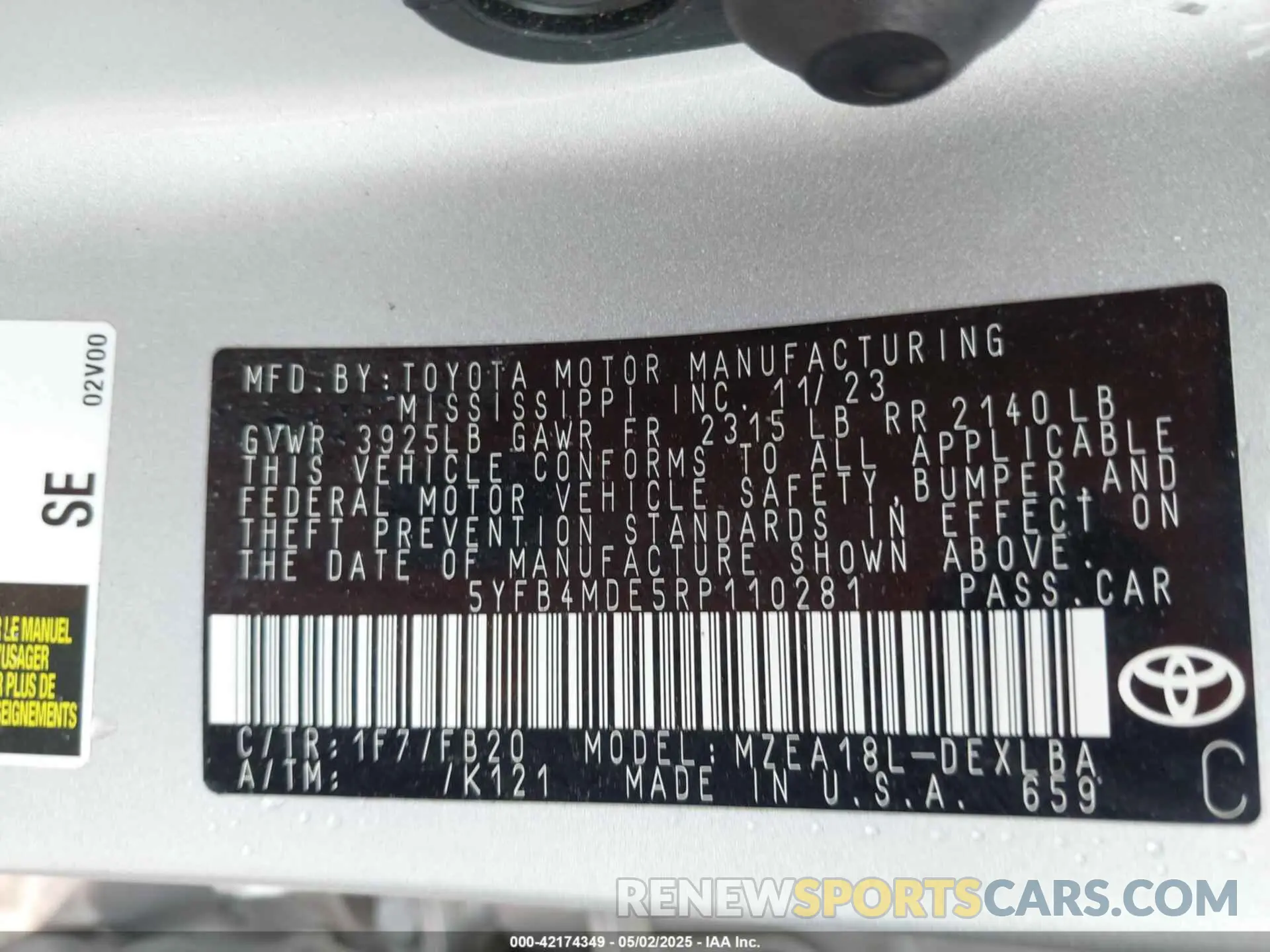 9 fotografías del automóvil dañado 5YFB4MDE5RP110281 TOYOTA COROLLA 2024