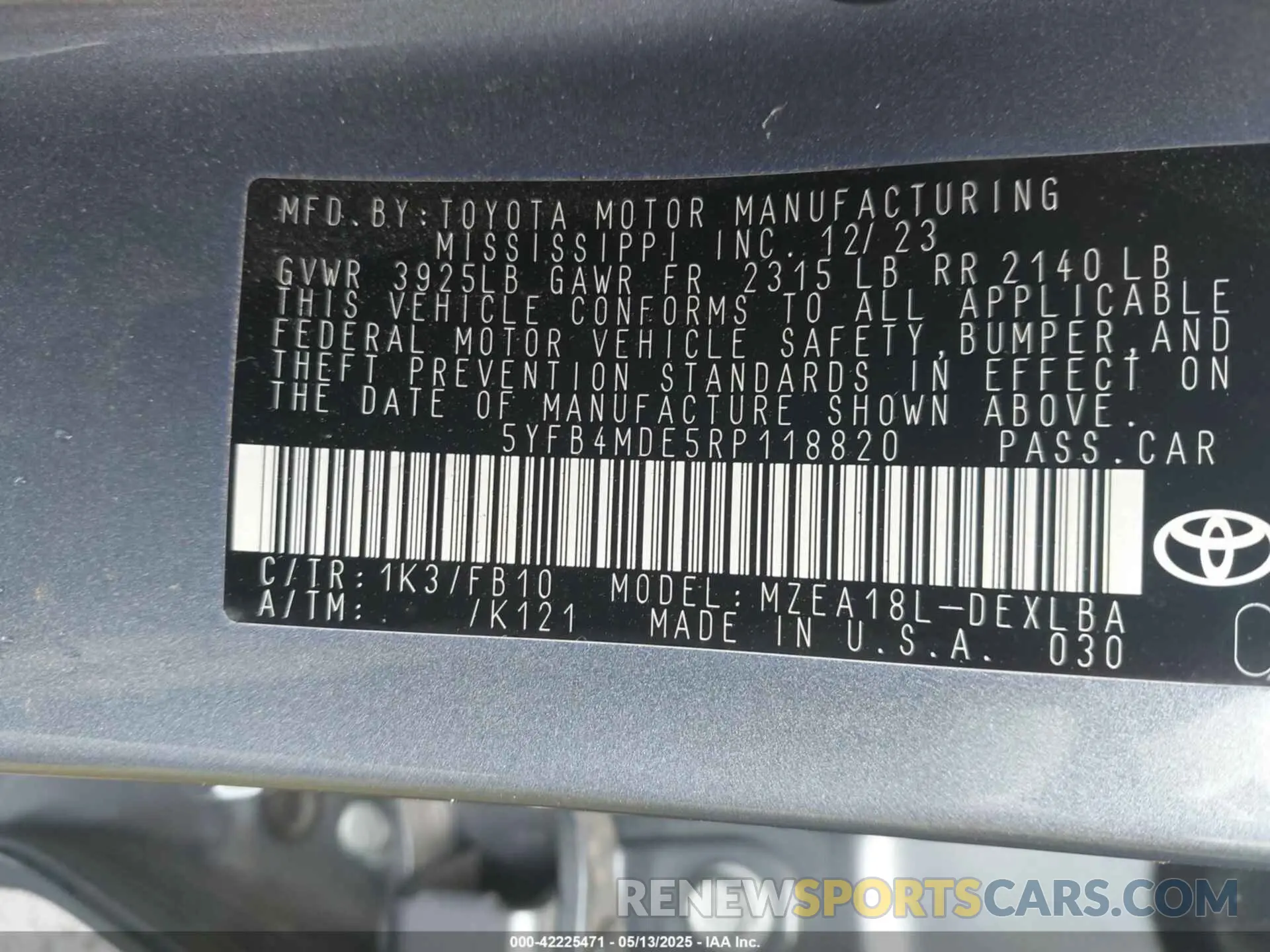 9 fotografías del automóvil dañado 5YFB4MDE5RP118820 TOYOTA COROLLA 2024