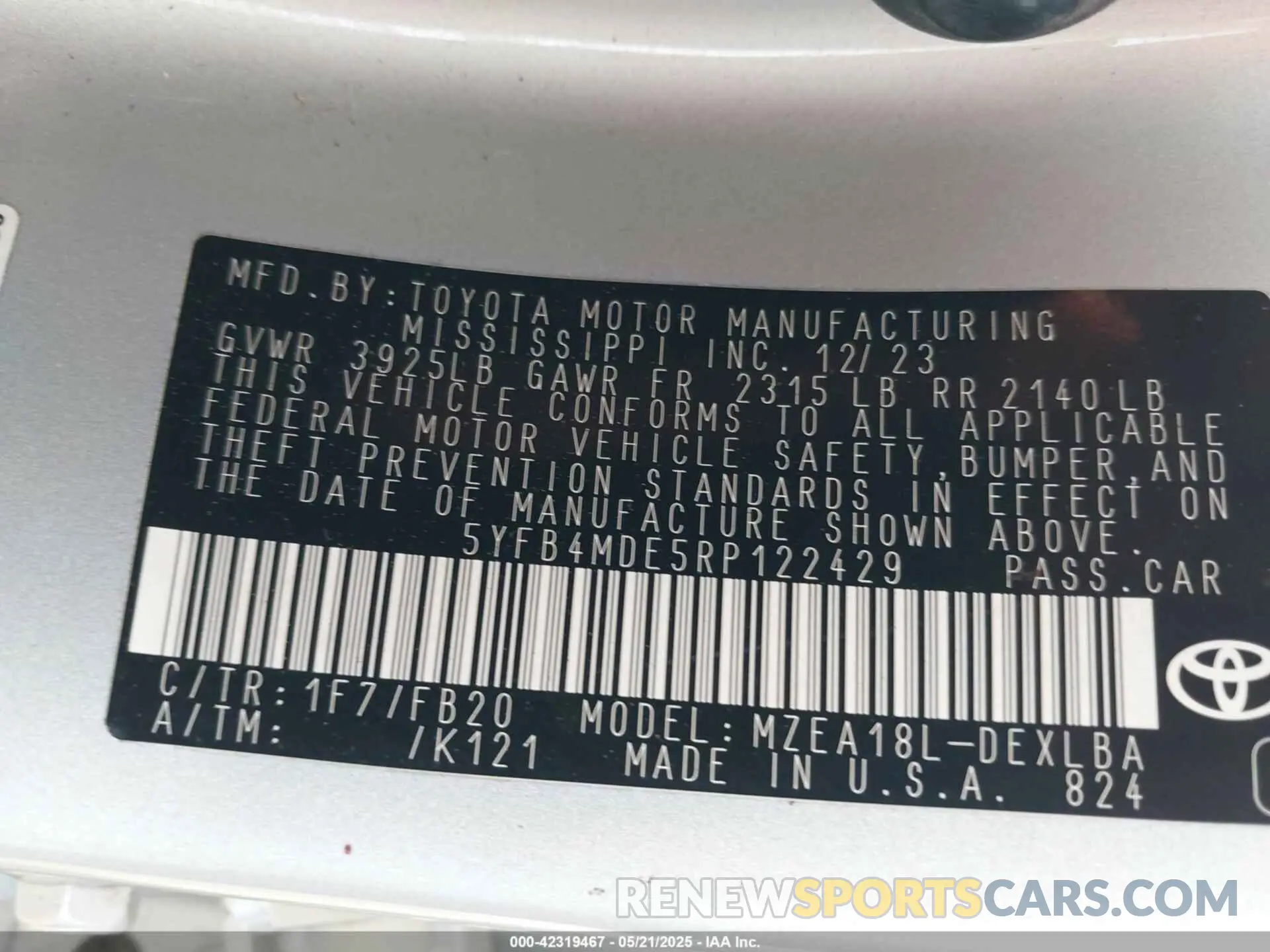 9 fotografías del automóvil dañado 5YFB4MDE5RP122429 TOYOTA COROLLA 2024